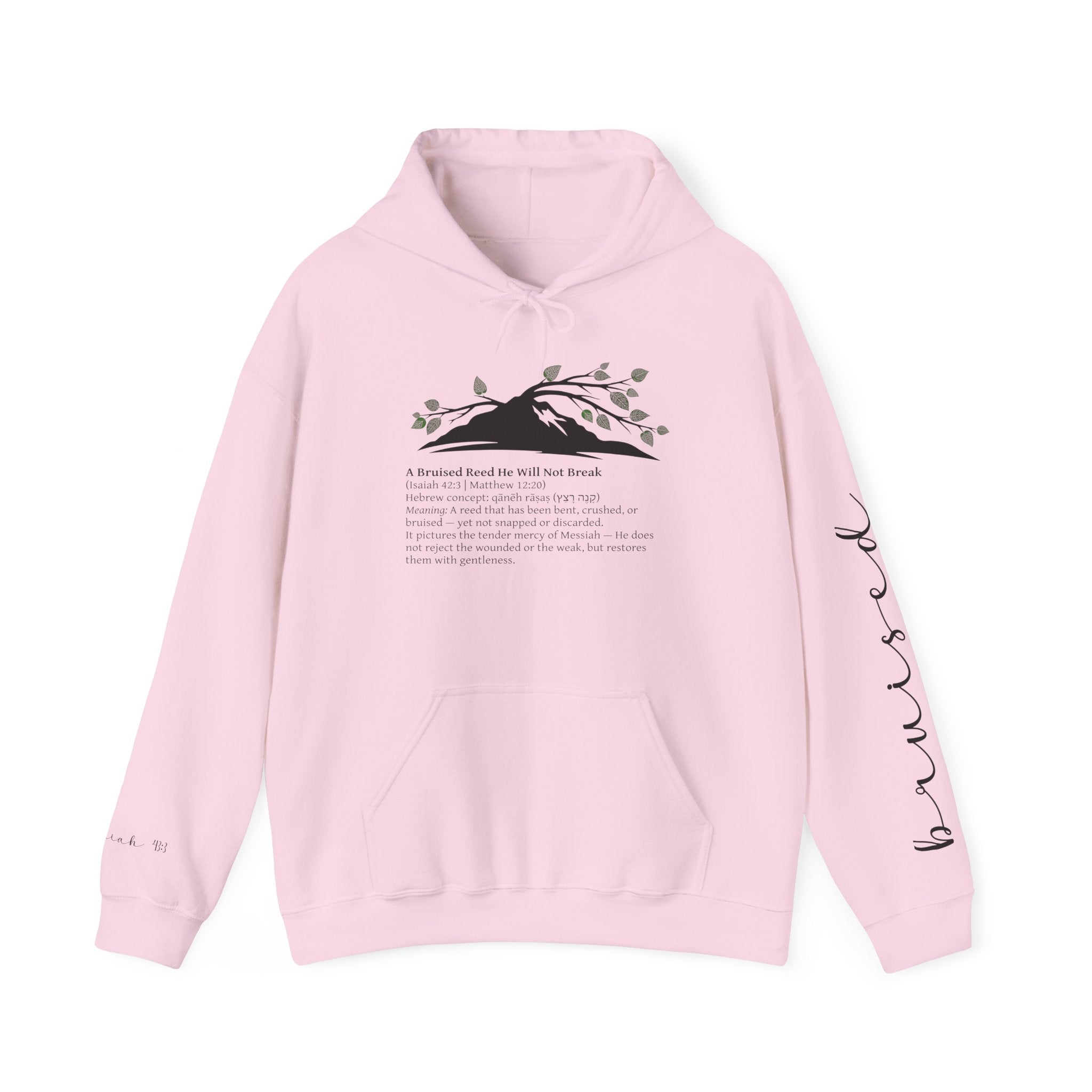 Faith Hoodie “Bruised But Not Broken” – Isaiah 42:3 + 2 Corinthians 4:9, Christian Sweatshirt of Hope and Resilience