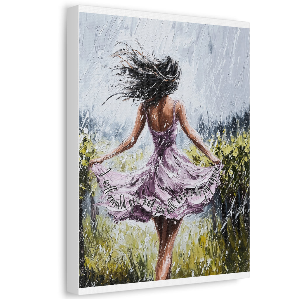 Dancing in the Rain – Stretched Canvas Wall Art (Woman in Lavender Dress)