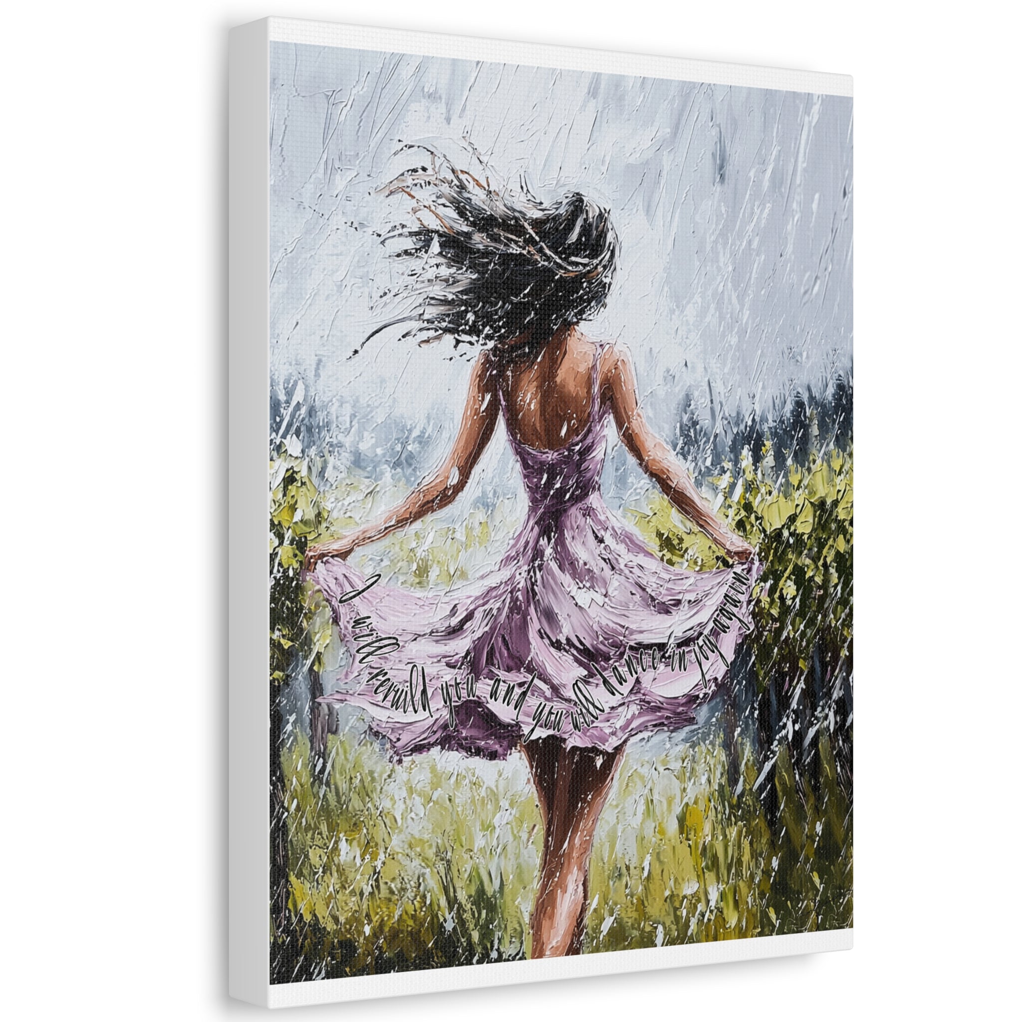 Dancing in the Rain – Stretched Canvas Wall Art (Woman in Lavender Dress)