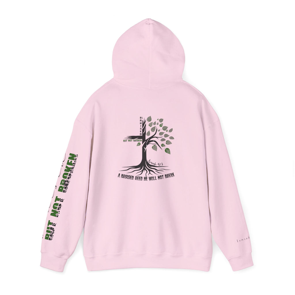 Faith Hoodie “Bruised But Not Broken” – Isaiah 42:3 + 2 Corinthians 4:9, Christian Sweatshirt of Hope and Resilience