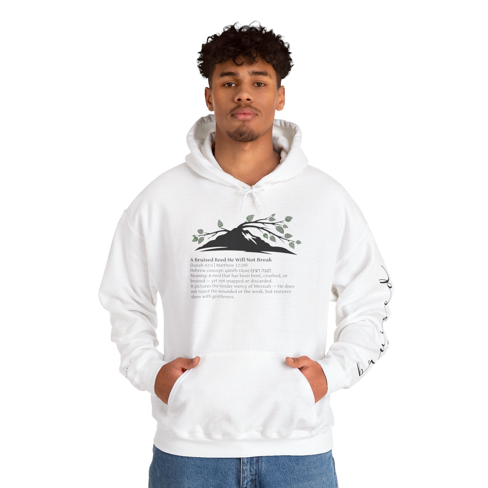 Faith Hoodie “Bruised But Not Broken” – Isaiah 42:3 + 2 Corinthians 4:9, Christian Sweatshirt of Hope and Resilience