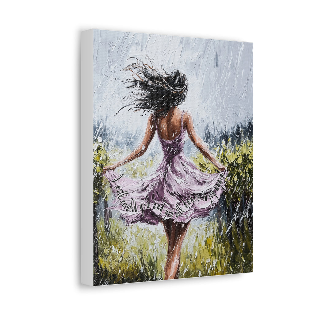 Dancing in the Rain – Stretched Canvas Wall Art (Woman in Lavender Dress)