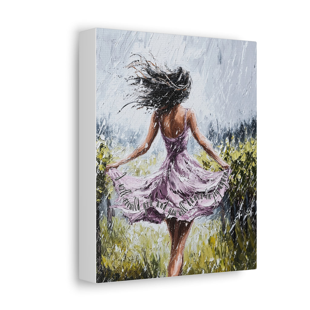 Dancing in the Rain – Stretched Canvas Wall Art (Woman in Lavender Dress)