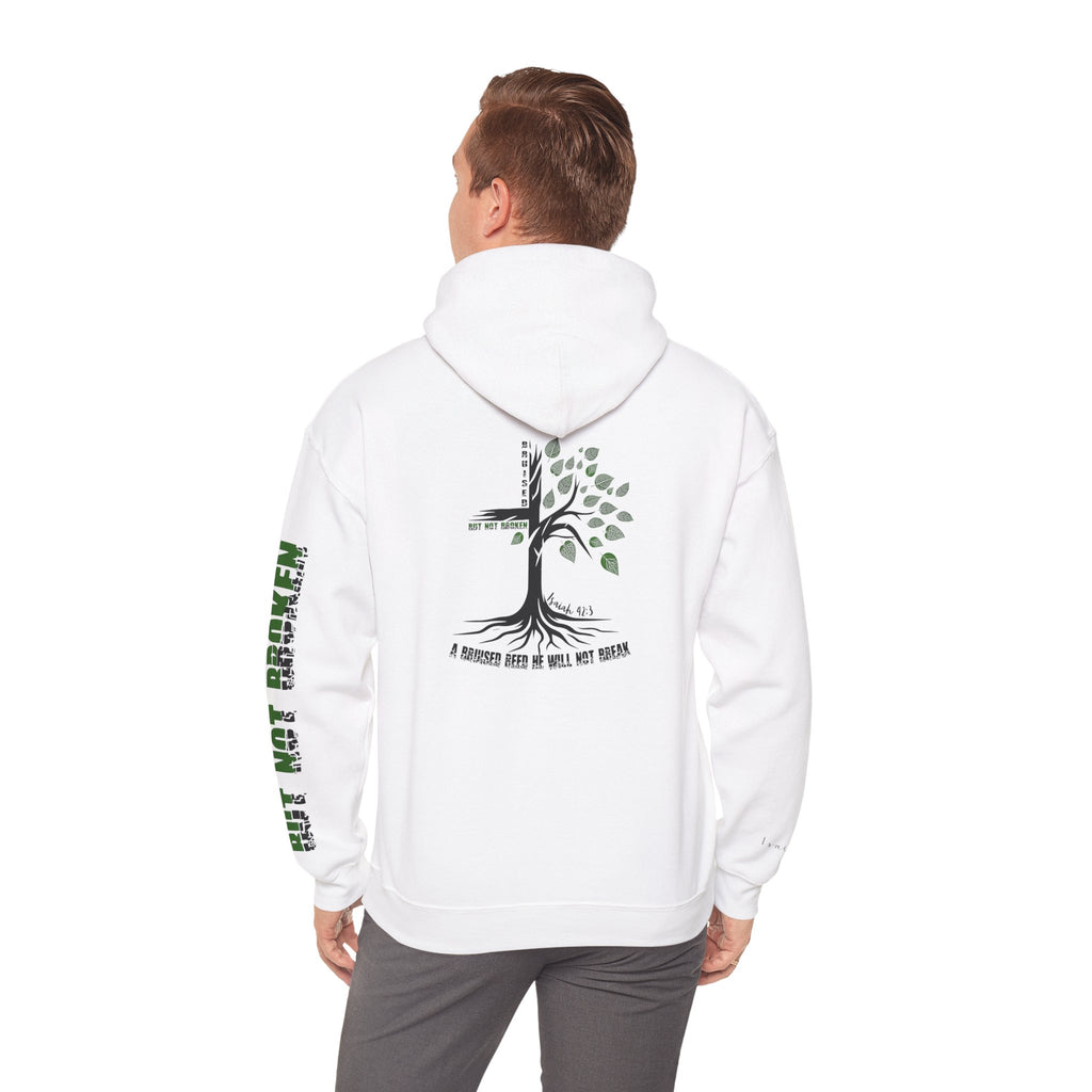 Faith Hoodie “Bruised But Not Broken” – Isaiah 42:3 + 2 Corinthians 4:9, Christian Sweatshirt of Hope and Resilience