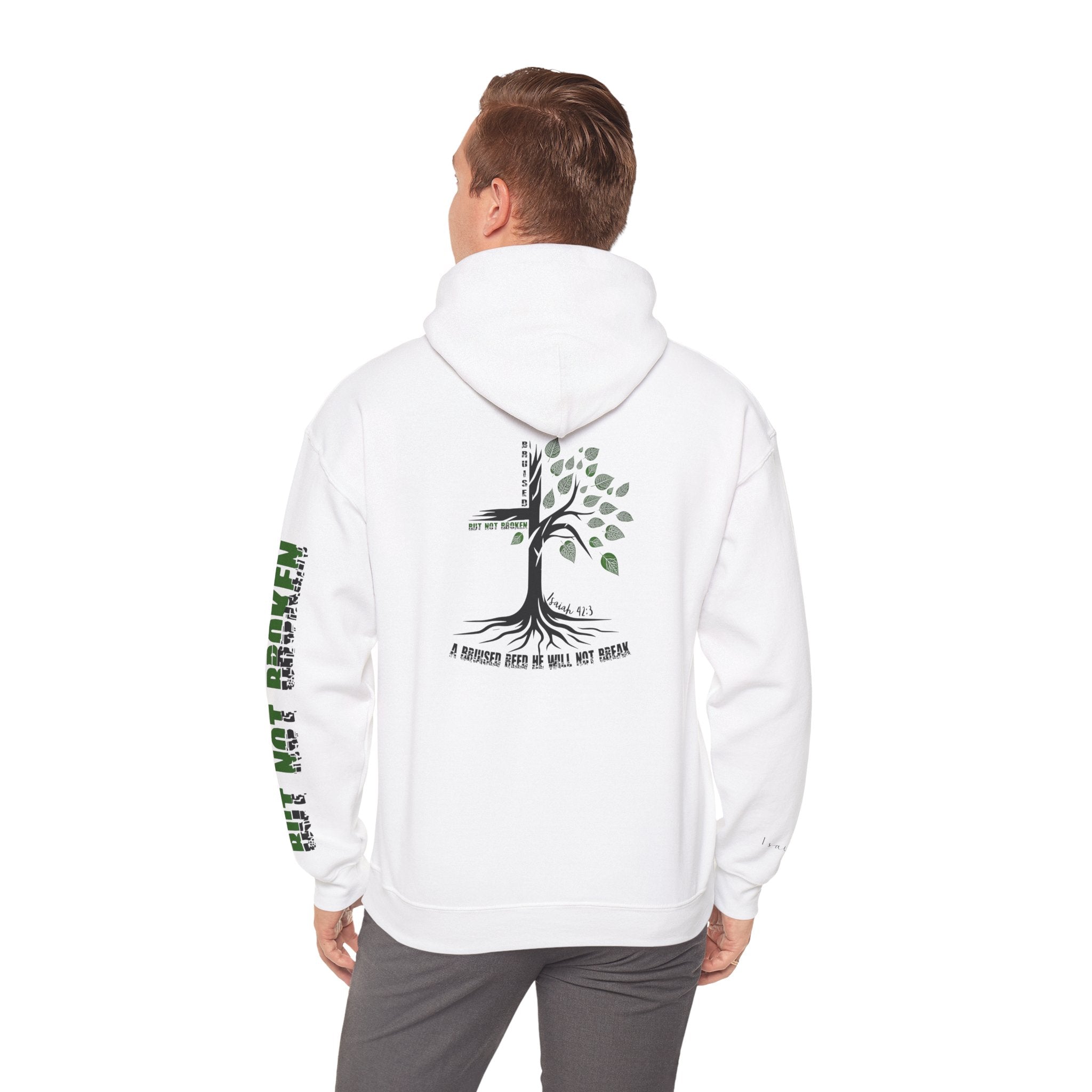 Faith Hoodie “Bruised But Not Broken” – Isaiah 42:3 + 2 Corinthians 4:9, Christian Sweatshirt of Hope and Resilience