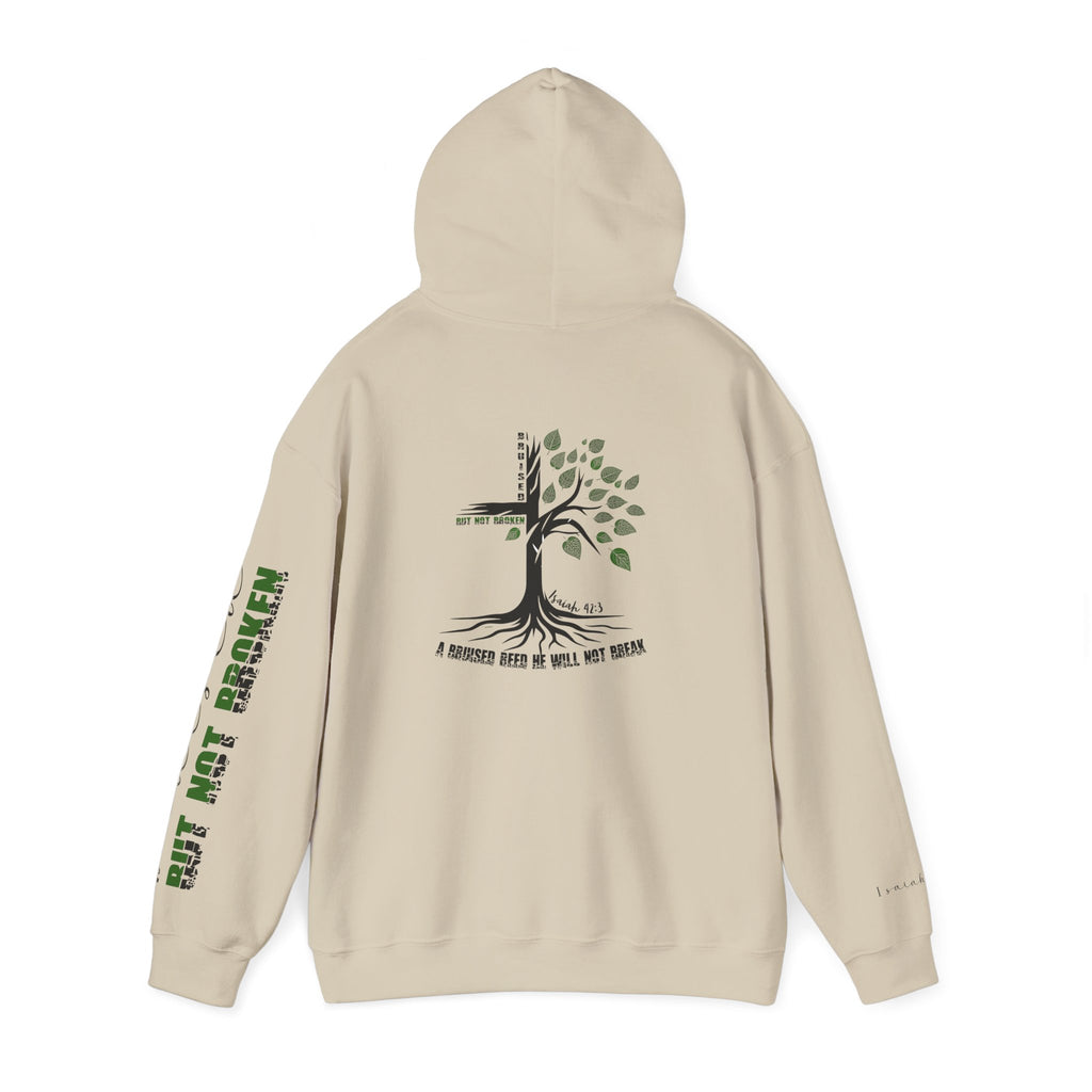 Faith Hoodie “Bruised But Not Broken” – Isaiah 42:3 + 2 Corinthians 4:9, Christian Sweatshirt of Hope and Resilience
