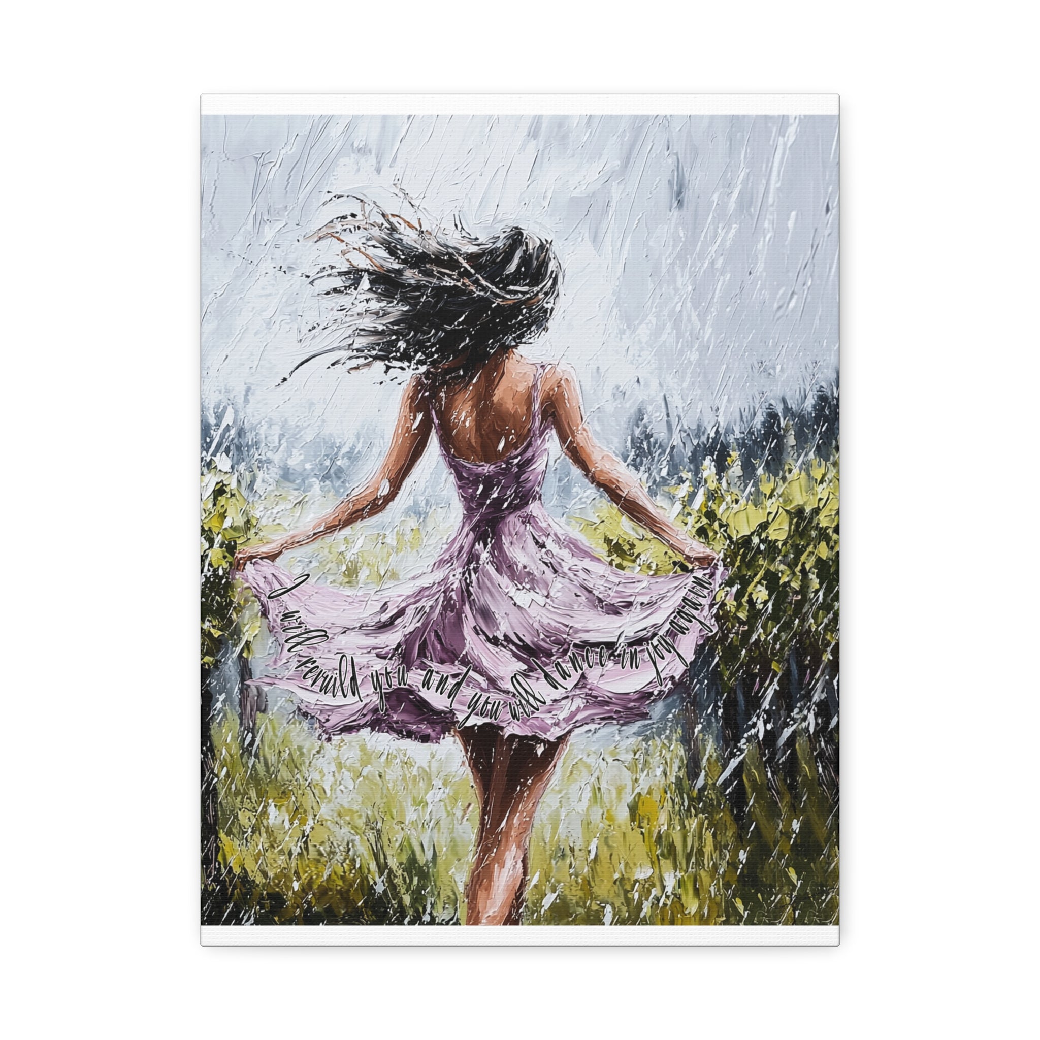 Dancing in the Rain – Stretched Canvas Wall Art (Woman in Lavender Dress)