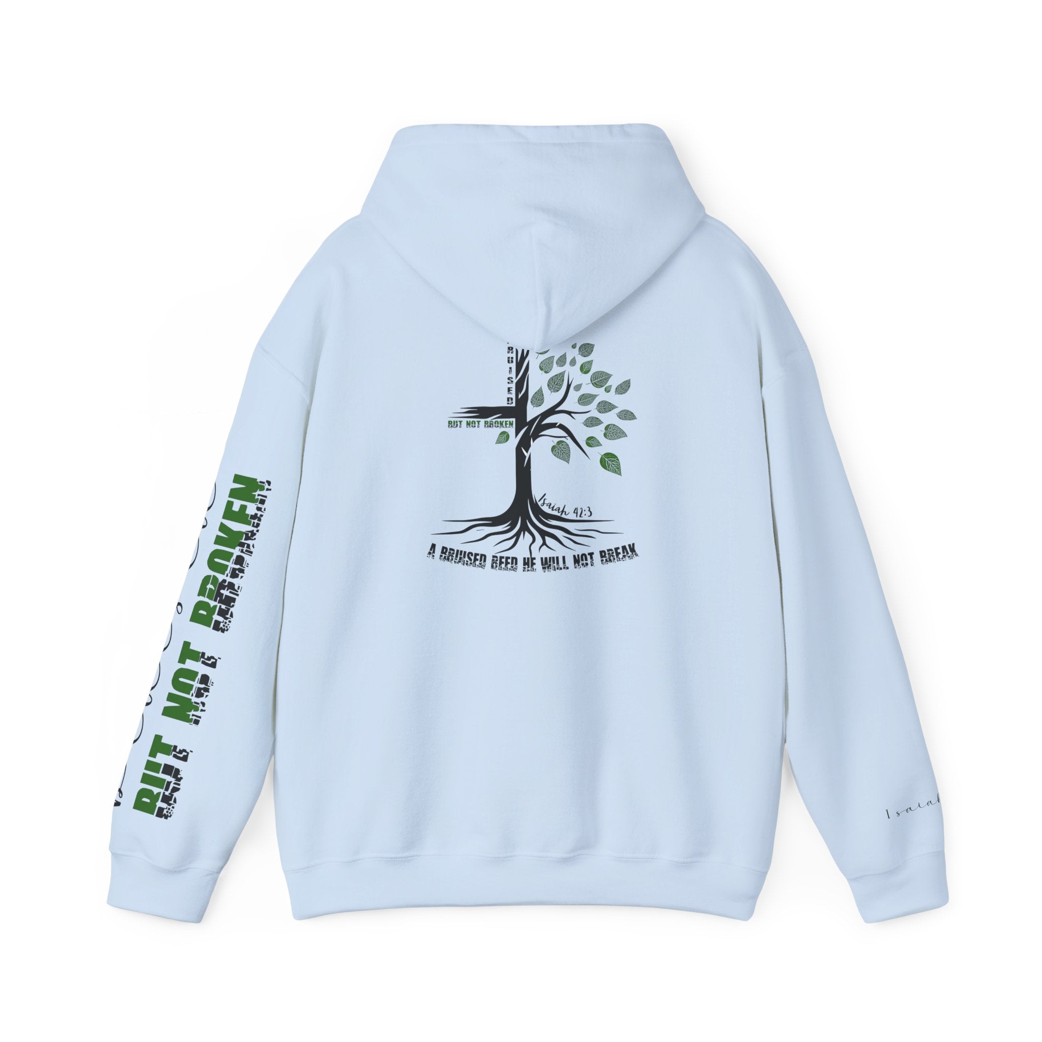 Faith Hoodie “Bruised But Not Broken” – Isaiah 42:3 + 2 Corinthians 4:9, Christian Sweatshirt of Hope and Resilience