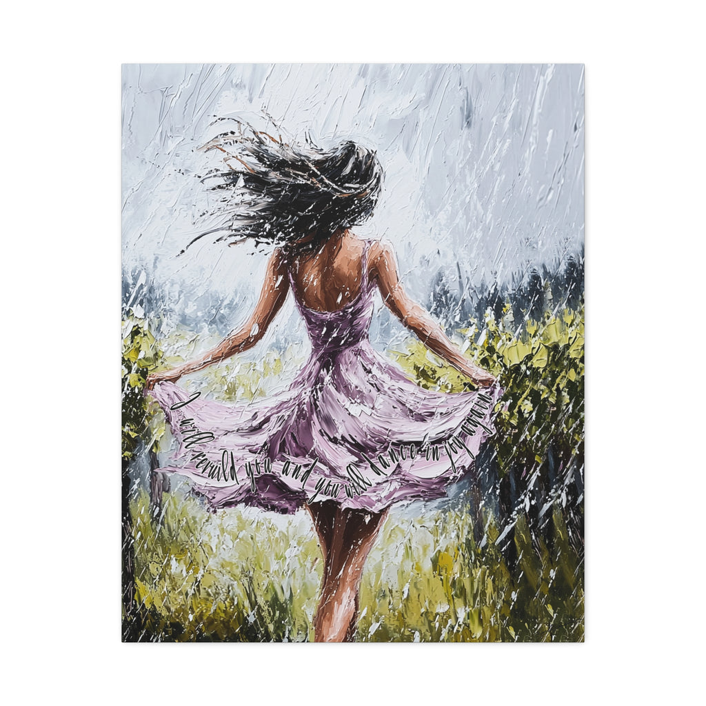 Dancing in the Rain – Stretched Canvas Wall Art (Woman in Lavender Dress)