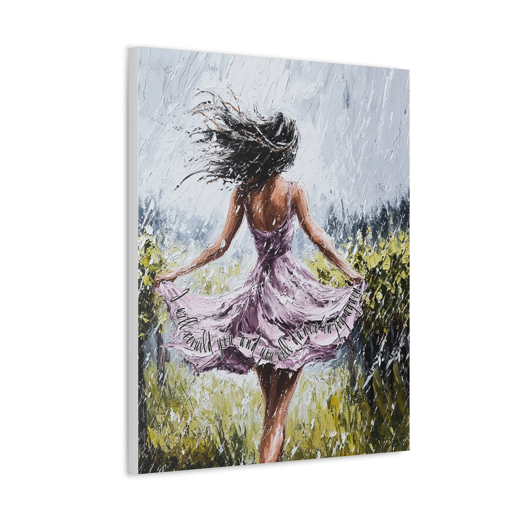 Dancing in the Rain – Stretched Canvas Wall Art (Woman in Lavender Dress)