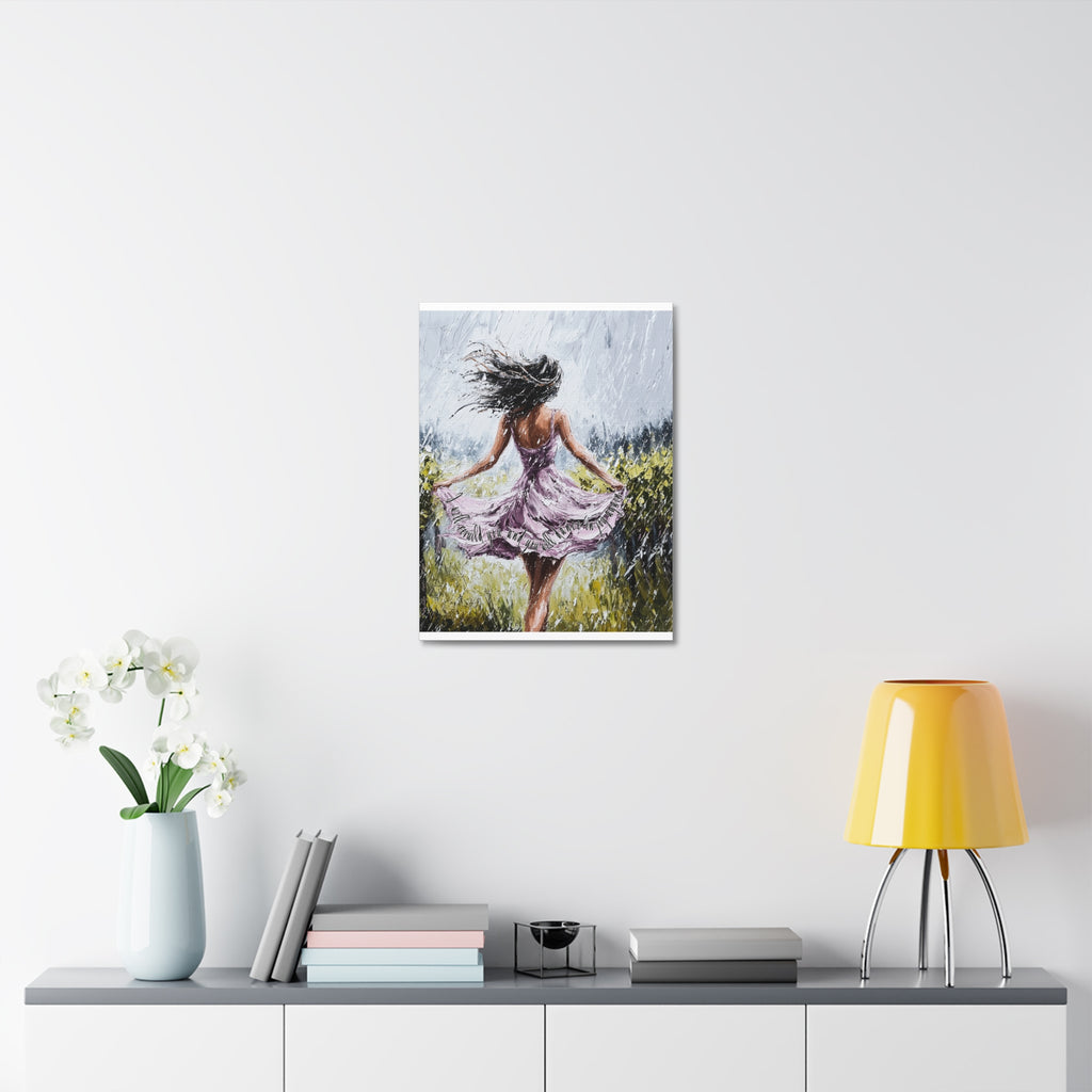 Dancing in the Rain – Stretched Canvas Wall Art (Woman in Lavender Dress)