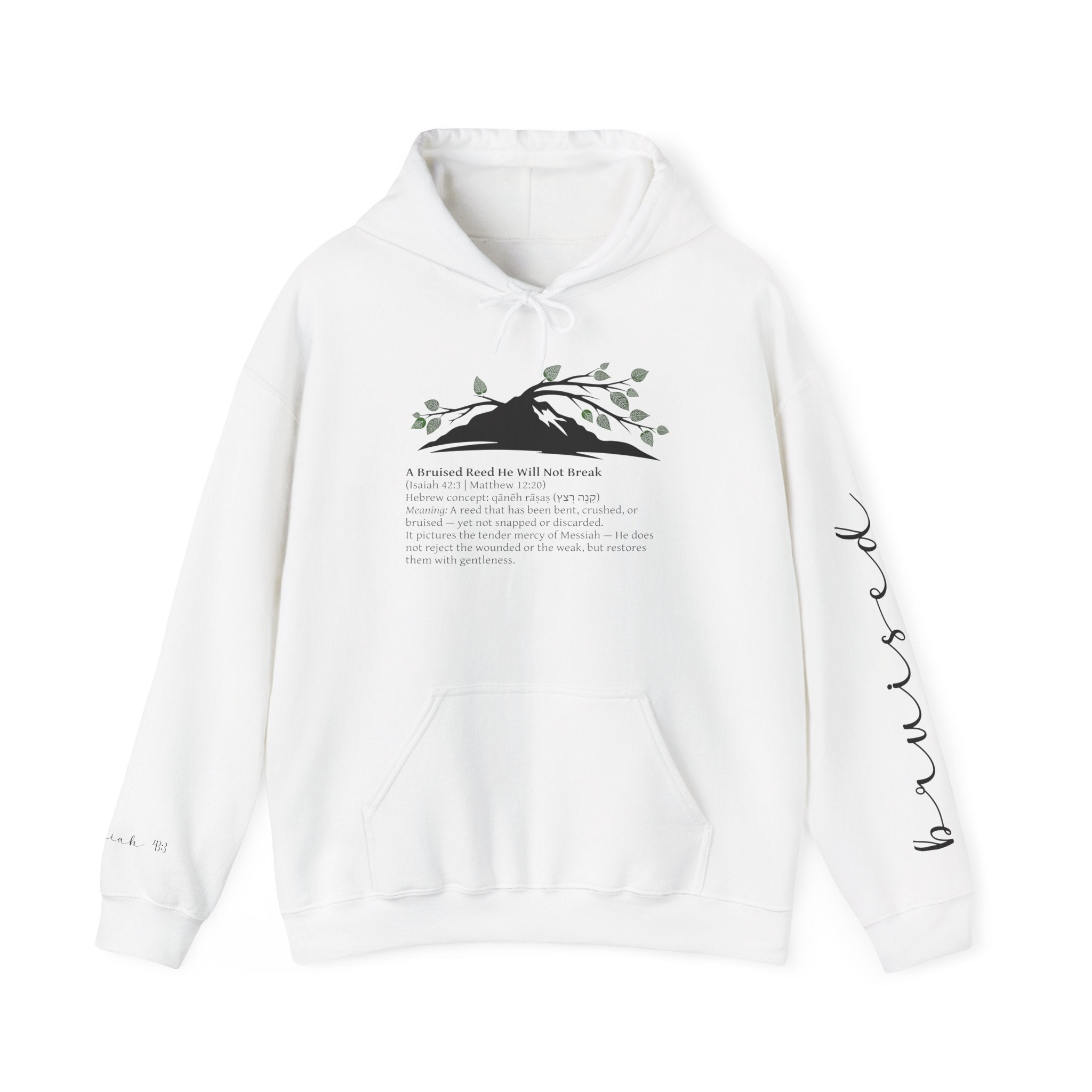 Faith Hoodie “Bruised But Not Broken” – Isaiah 42:3 + 2 Corinthians 4:9, Christian Sweatshirt of Hope and Resilience