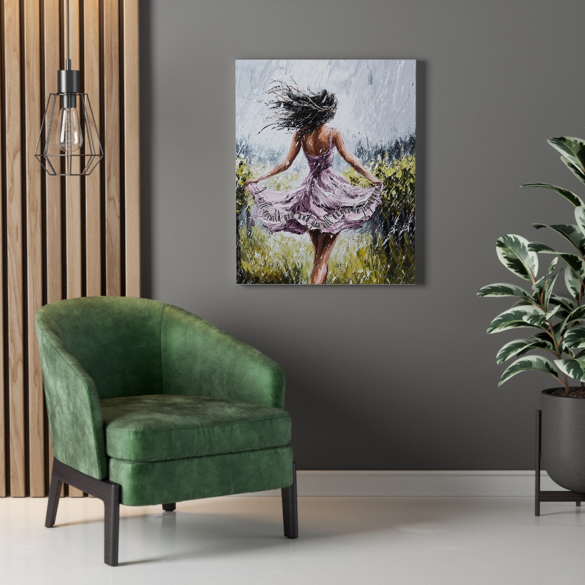 Dancing in the Rain – Stretched Canvas Wall Art (Woman in Lavender Dress)