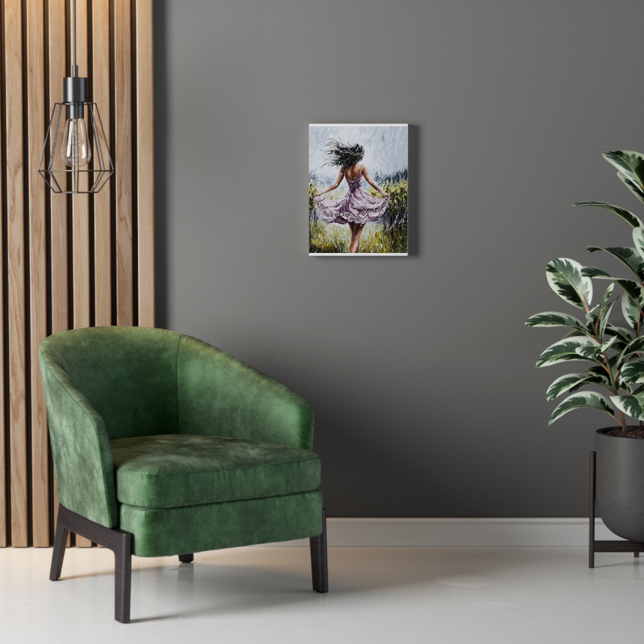 Dancing in the Rain – Stretched Canvas Wall Art (Woman in Lavender Dress)