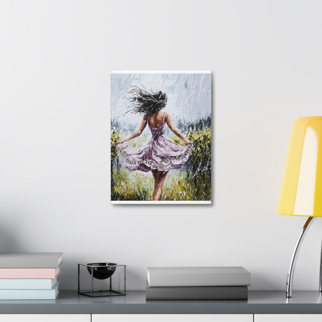 Dancing in the Rain – Stretched Canvas Wall Art (Woman in Lavender Dress)