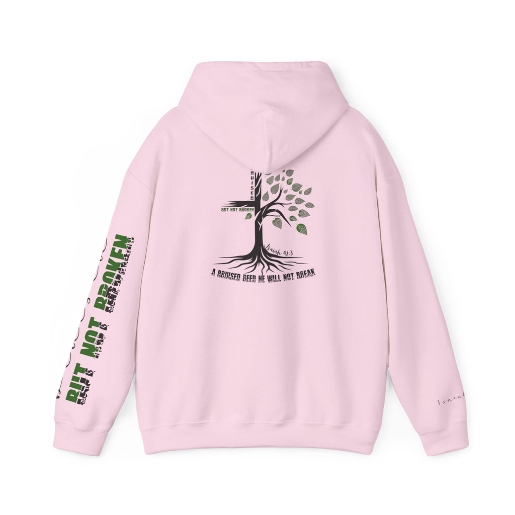 Faith Hoodie “Bruised But Not Broken” – Isaiah 42:3 + 2 Corinthians 4:9, Christian Sweatshirt of Hope and Resilience
