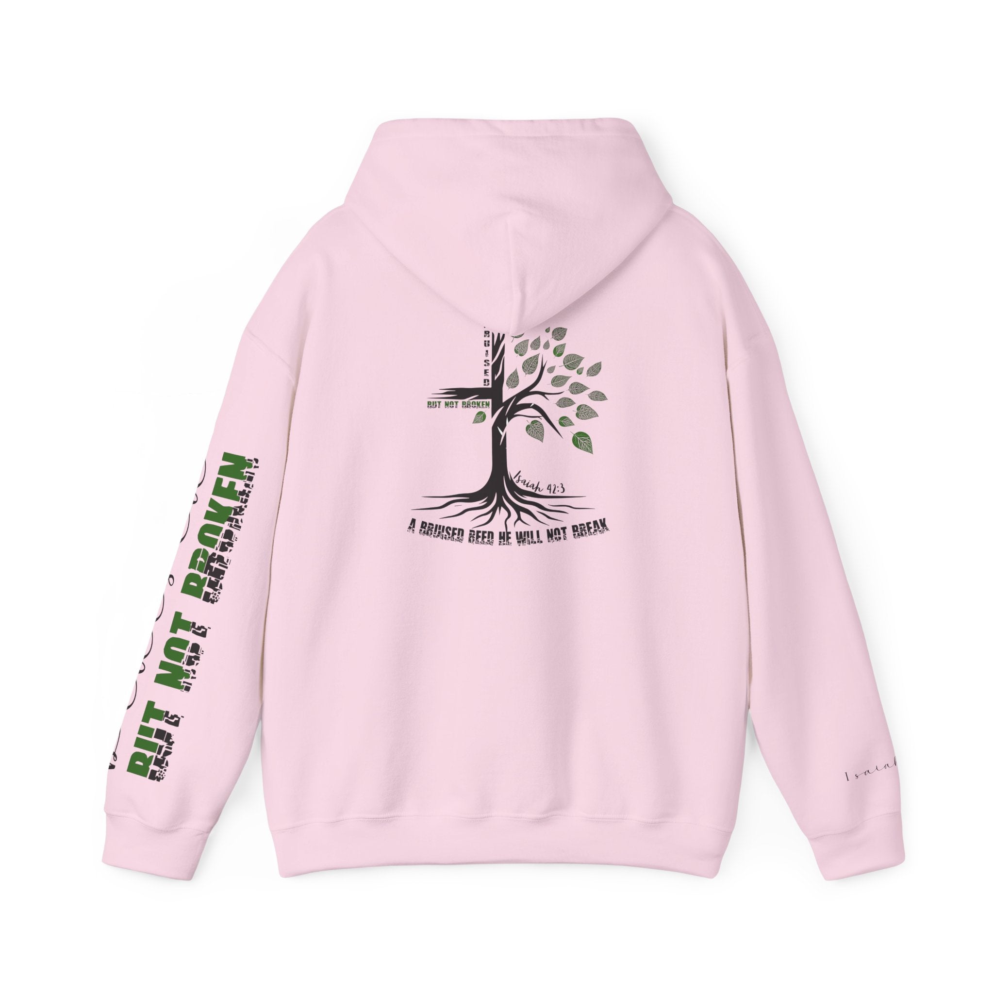 Faith Hoodie “Bruised But Not Broken” – Isaiah 42:3 + 2 Corinthians 4:9, Christian Sweatshirt of Hope and Resilience