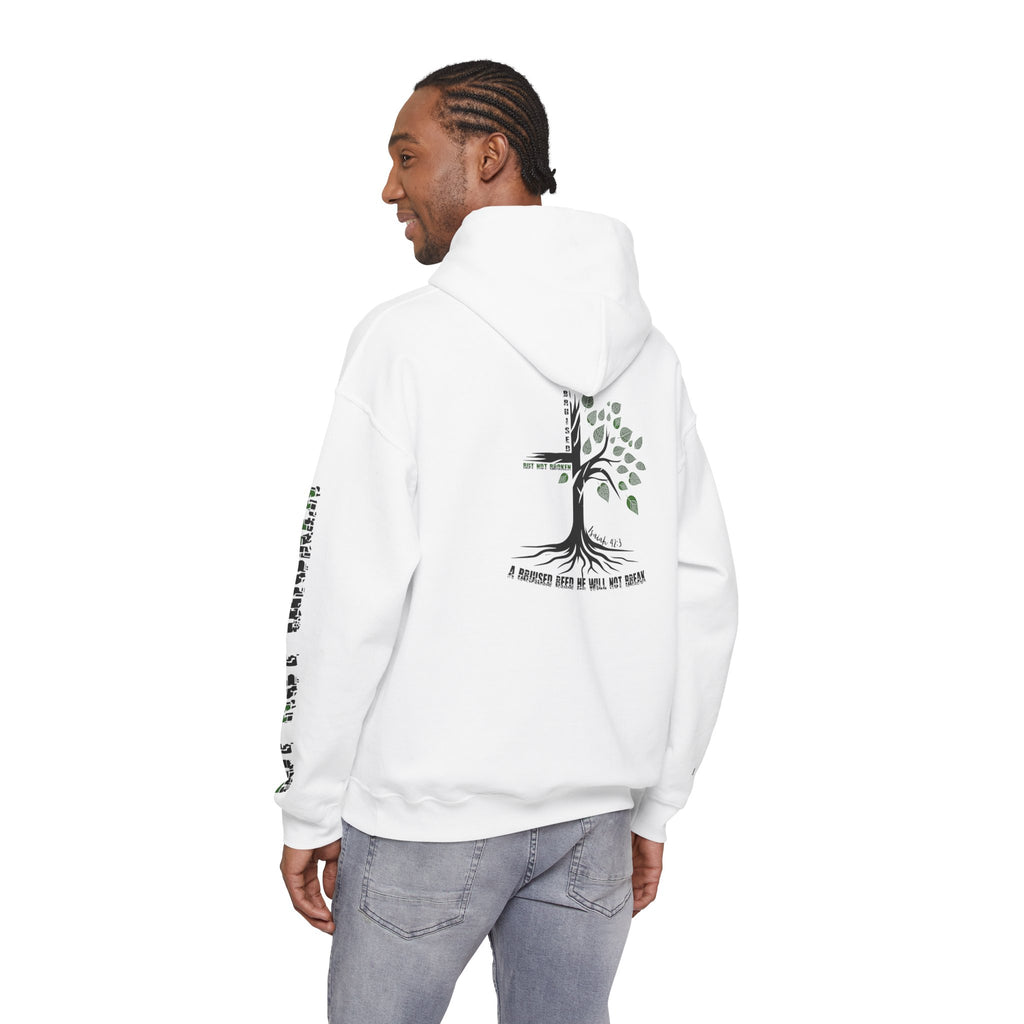 Faith Hoodie “Bruised But Not Broken” – Isaiah 42:3 + 2 Corinthians 4:9, Christian Sweatshirt of Hope and Resilience