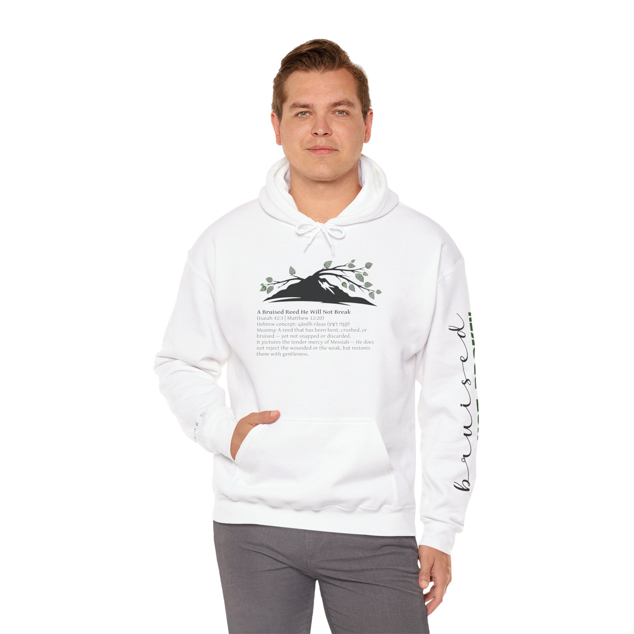 Faith Hoodie “Bruised But Not Broken” – Isaiah 42:3 + 2 Corinthians 4:9, Christian Sweatshirt of Hope and Resilience