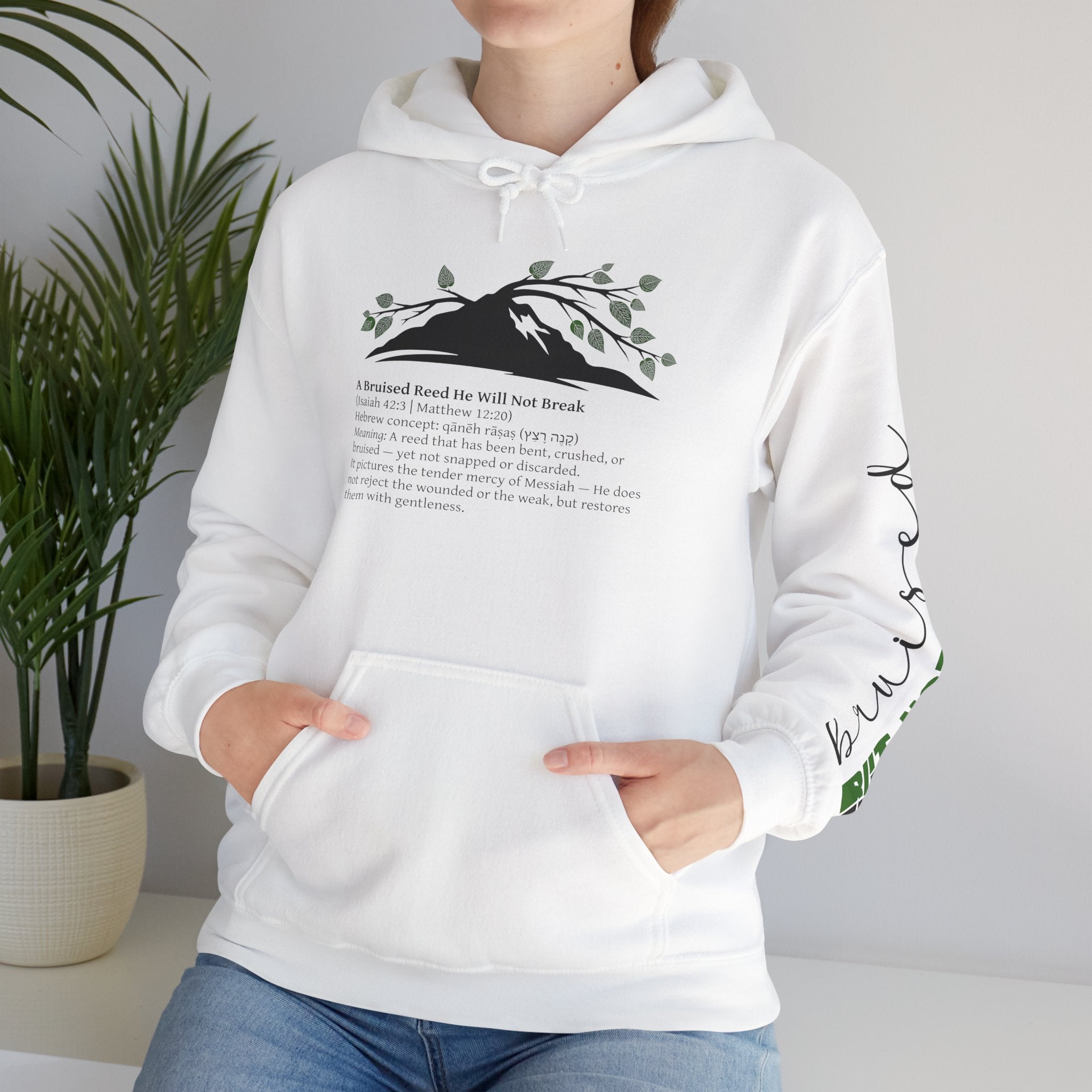 Faith Hoodie “Bruised But Not Broken” – Isaiah 42:3 + 2 Corinthians 4:9, Christian Sweatshirt of Hope and Resilience