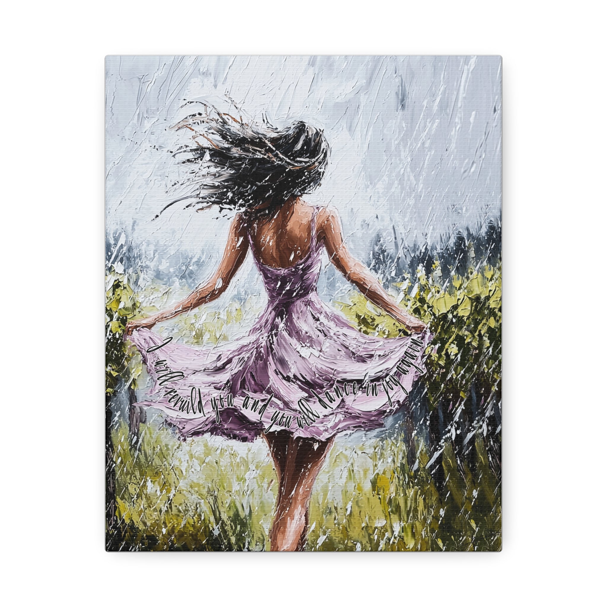 Dancing in the Rain – Stretched Canvas Wall Art (Woman in Lavender Dress)