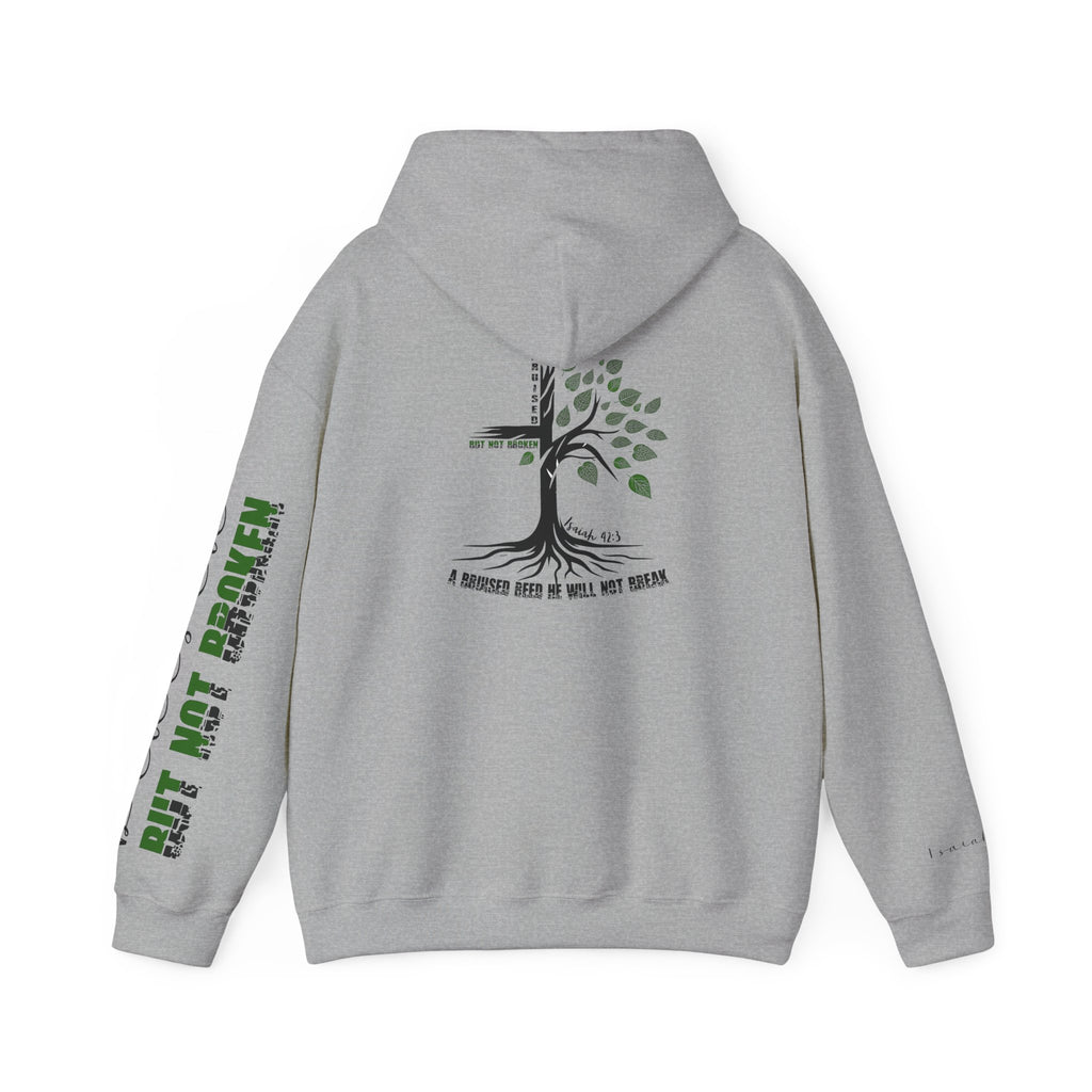 Faith Hoodie “Bruised But Not Broken” – Isaiah 42:3 + 2 Corinthians 4:9, Christian Sweatshirt of Hope and Resilience