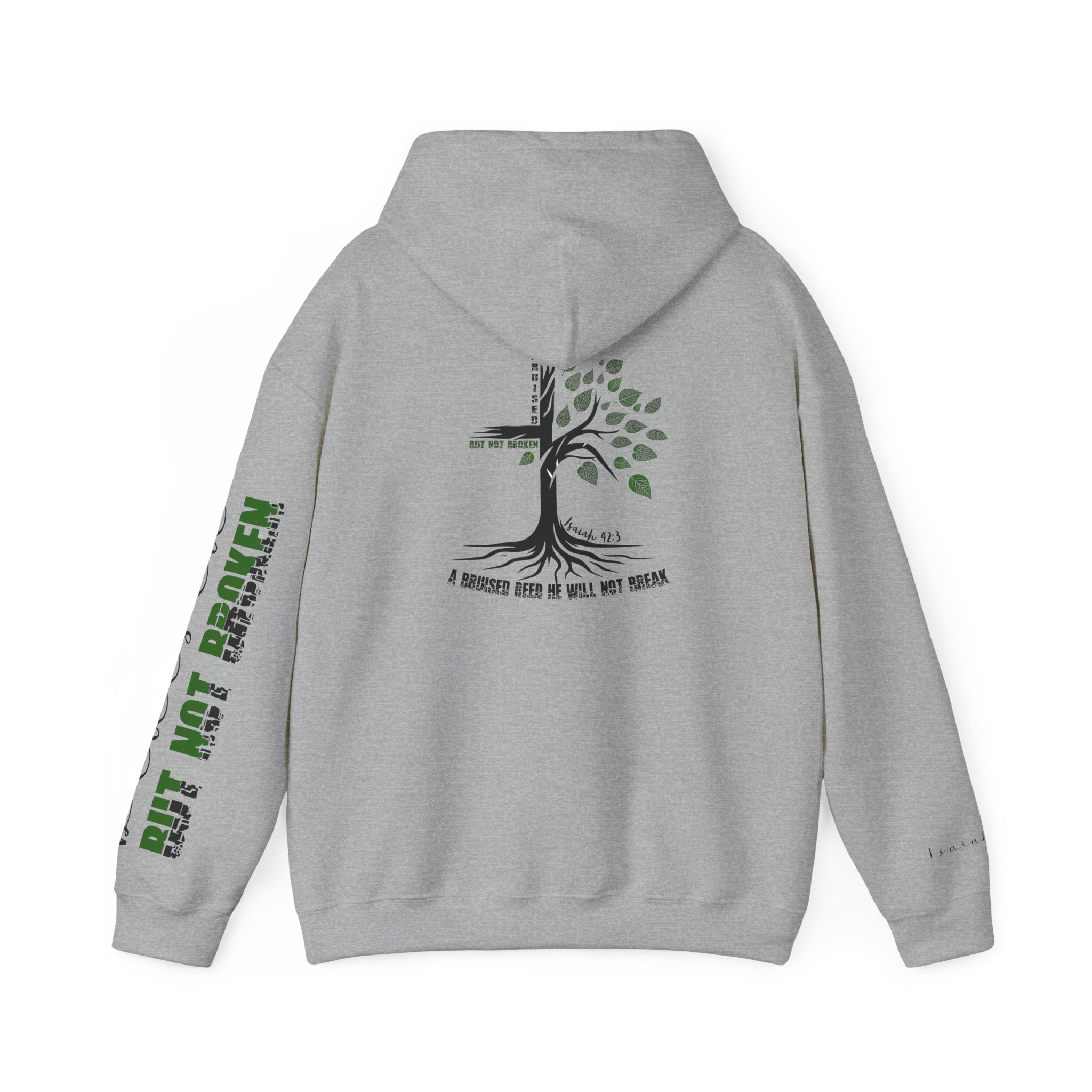 Faith Hoodie “Bruised But Not Broken” – Isaiah 42:3 + 2 Corinthians 4:9, Christian Sweatshirt of Hope and Resilience