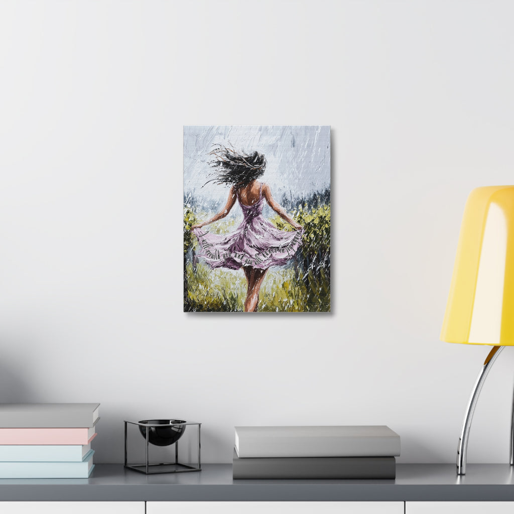 Dancing in the Rain – Stretched Canvas Wall Art (Woman in Lavender Dress)