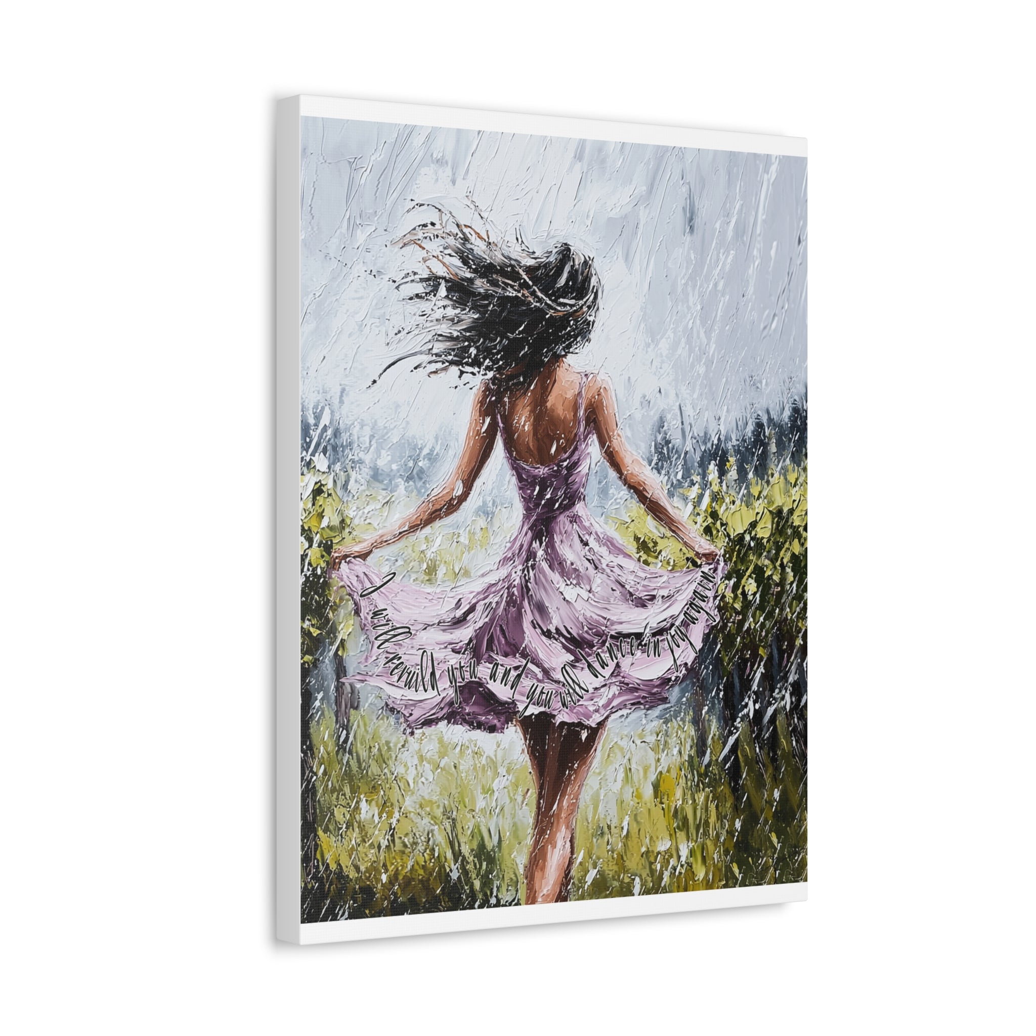 Dancing in the Rain – Stretched Canvas Wall Art (Woman in Lavender Dress)