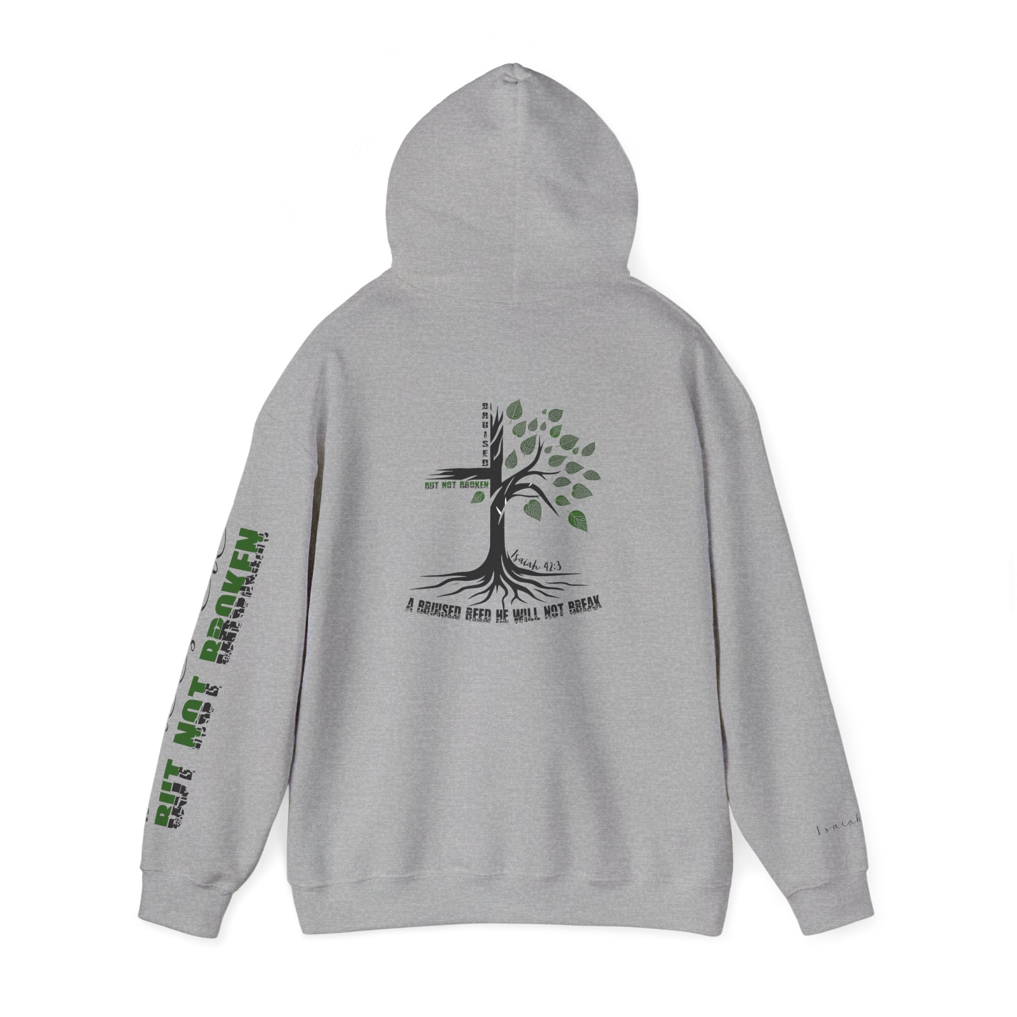 Faith Hoodie “Bruised But Not Broken” – Isaiah 42:3 + 2 Corinthians 4:9, Christian Sweatshirt of Hope and Resilience