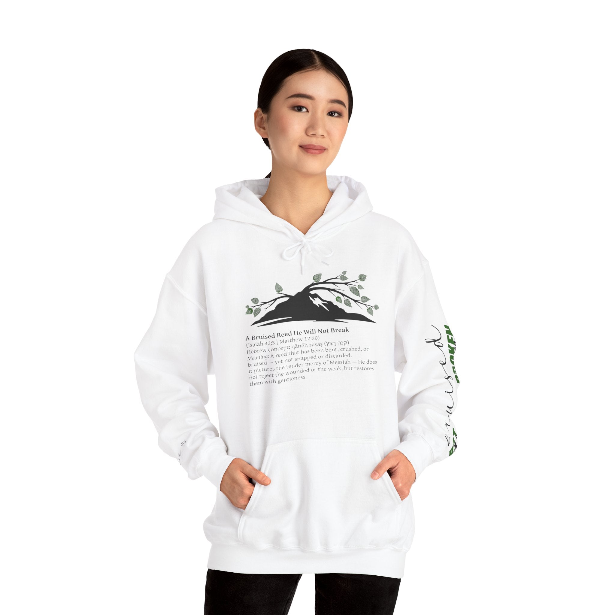 Faith Hoodie “Bruised But Not Broken” – Isaiah 42:3 + 2 Corinthians 4:9, Christian Sweatshirt of Hope and Resilience