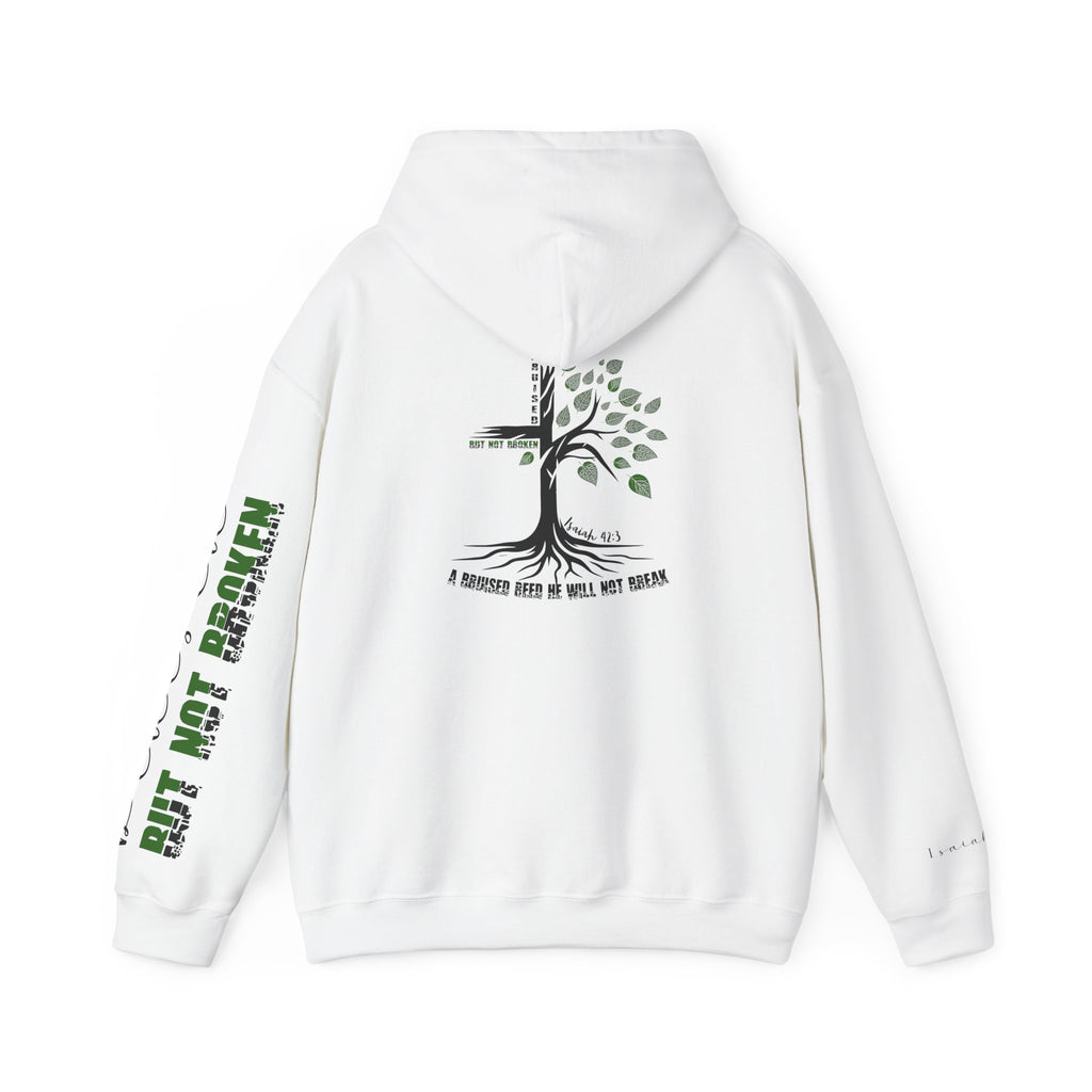 Faith Hoodie “Bruised But Not Broken” – Isaiah 42:3 + 2 Corinthians 4:9, Christian Sweatshirt of Hope and Resilience