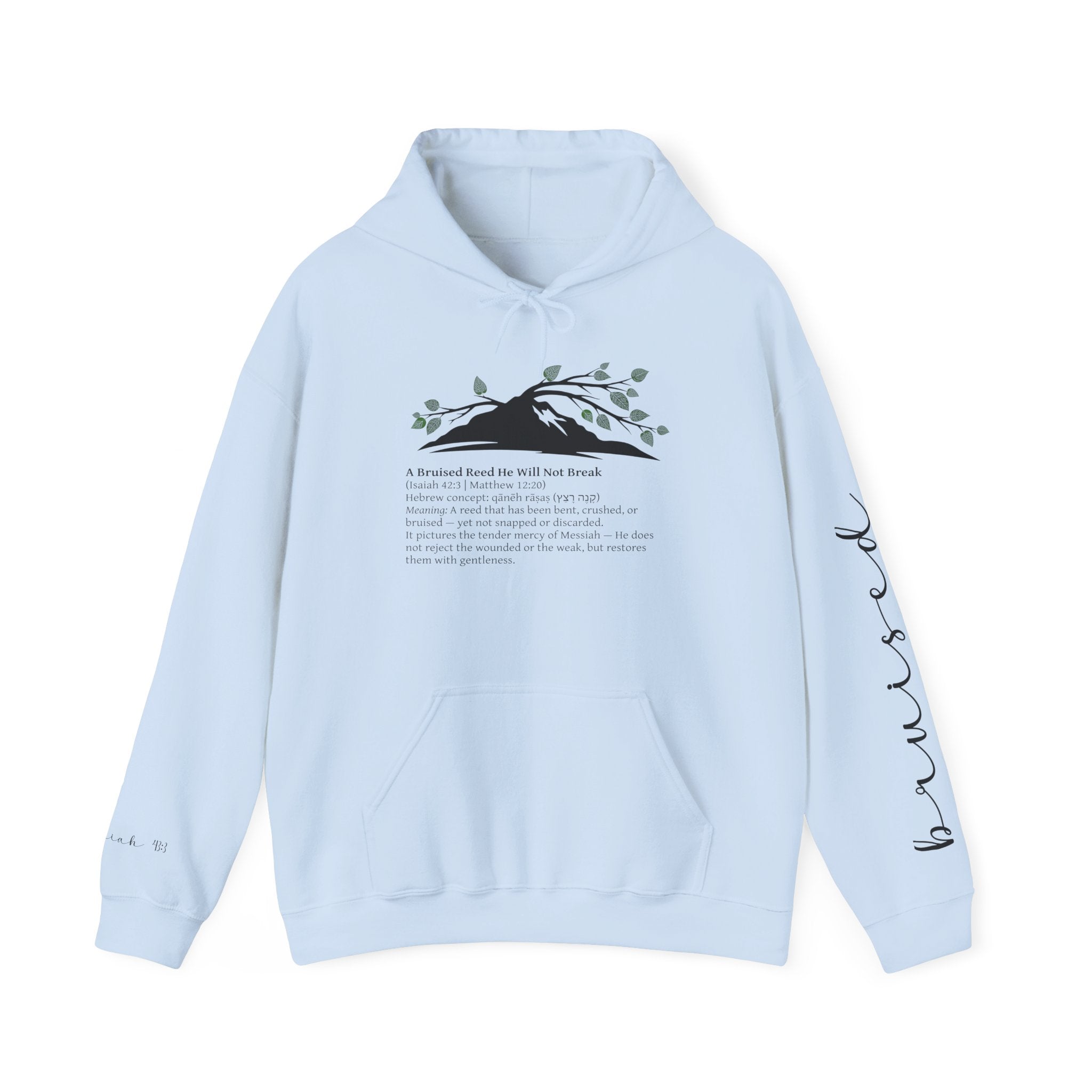 Faith Hoodie “Bruised But Not Broken” – Isaiah 42:3 + 2 Corinthians 4:9, Christian Sweatshirt of Hope and Resilience