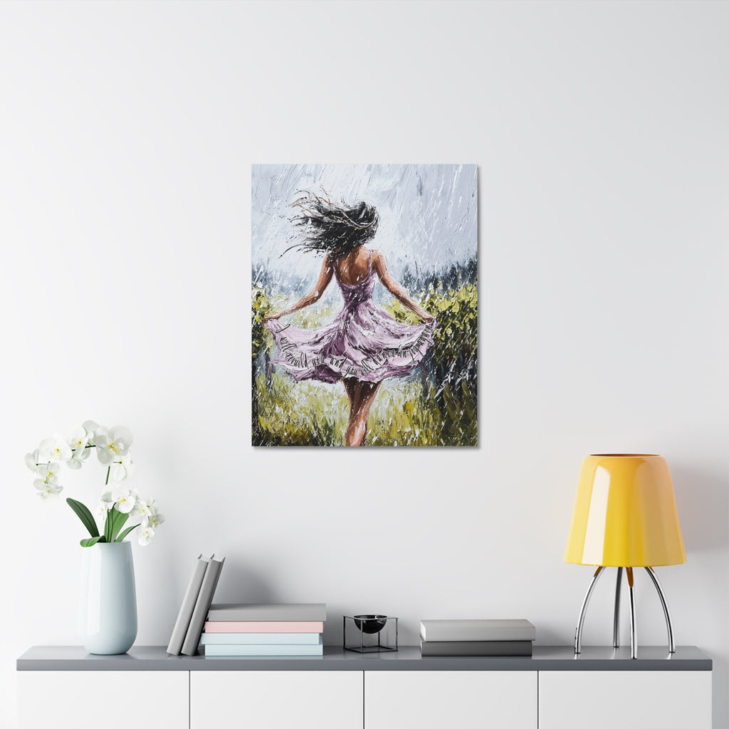 Dancing in the Rain – Stretched Canvas Wall Art (Woman in Lavender Dress)