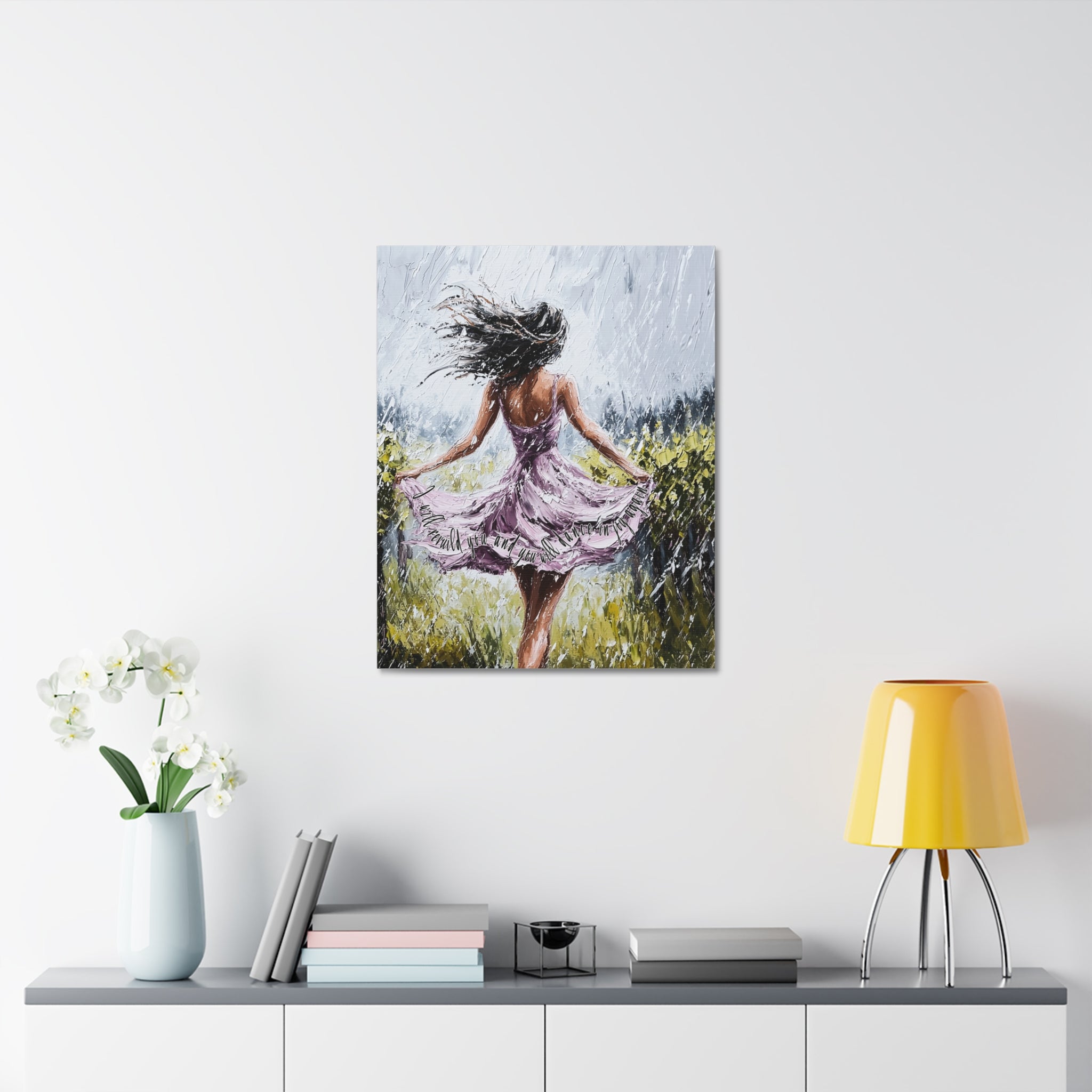 Dancing in the Rain – Stretched Canvas Wall Art (Woman in Lavender Dress)