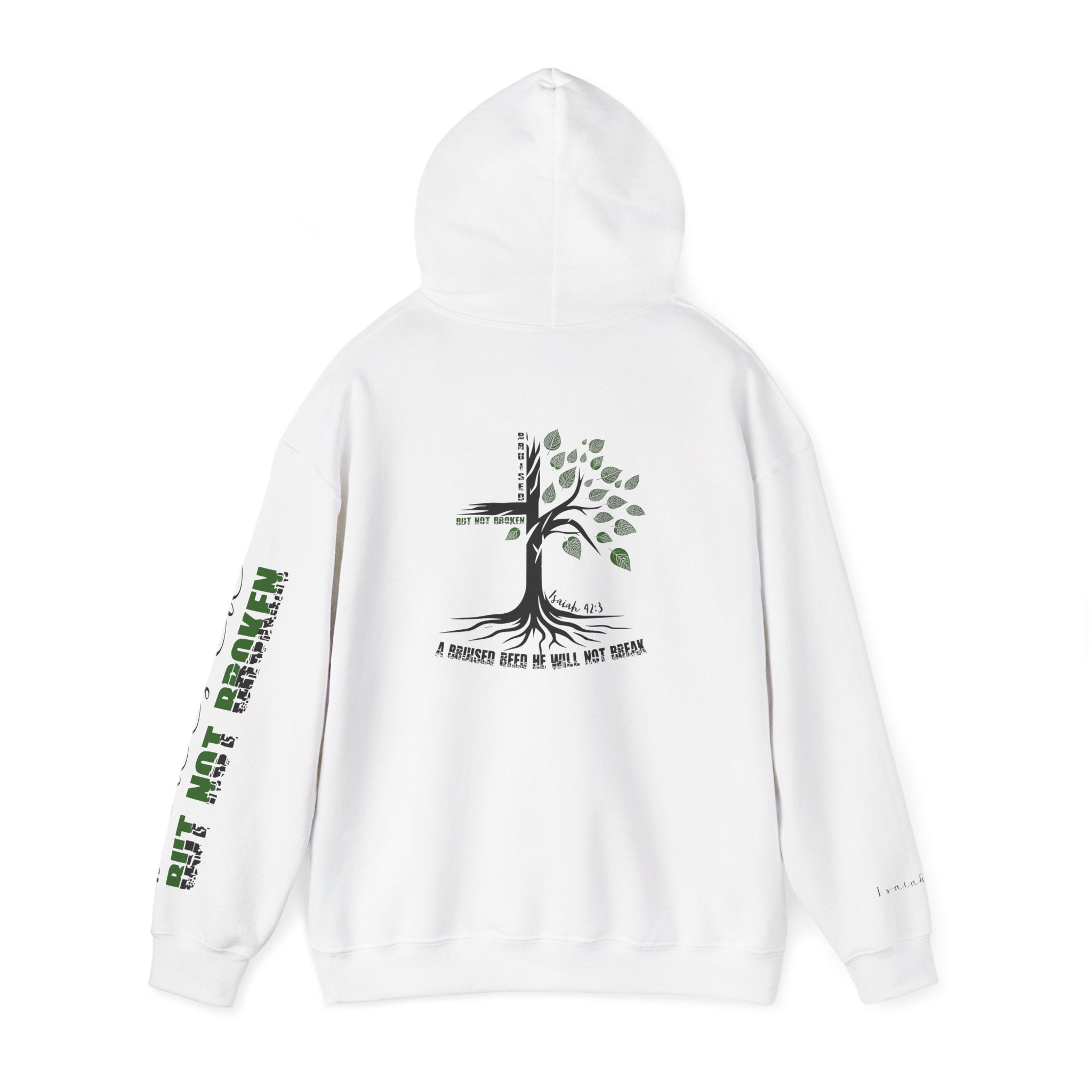 Faith Hoodie “Bruised But Not Broken” – Isaiah 42:3 + 2 Corinthians 4:9, Christian Sweatshirt of Hope and Resilience