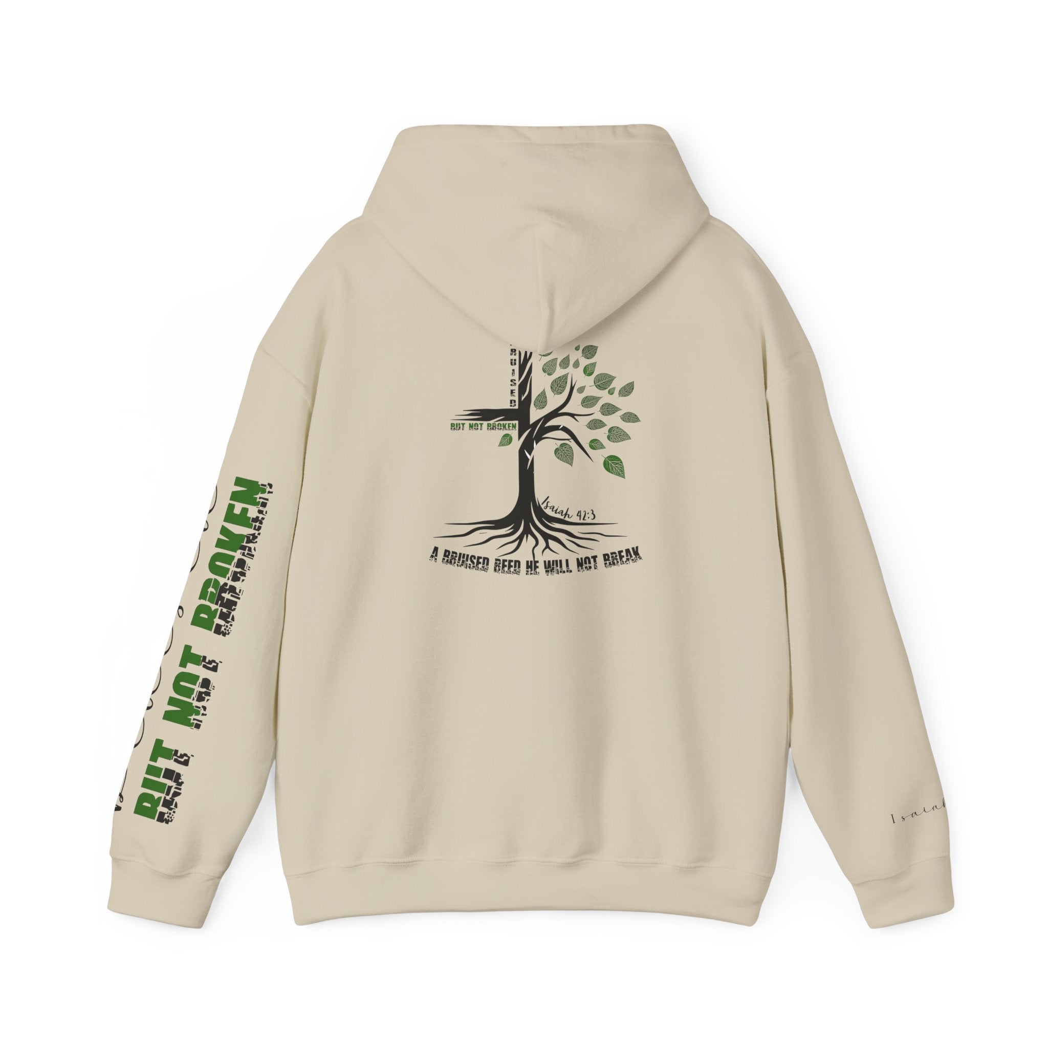 Faith Hoodie “Bruised But Not Broken” – Isaiah 42:3 + 2 Corinthians 4:9, Christian Sweatshirt of Hope and Resilience