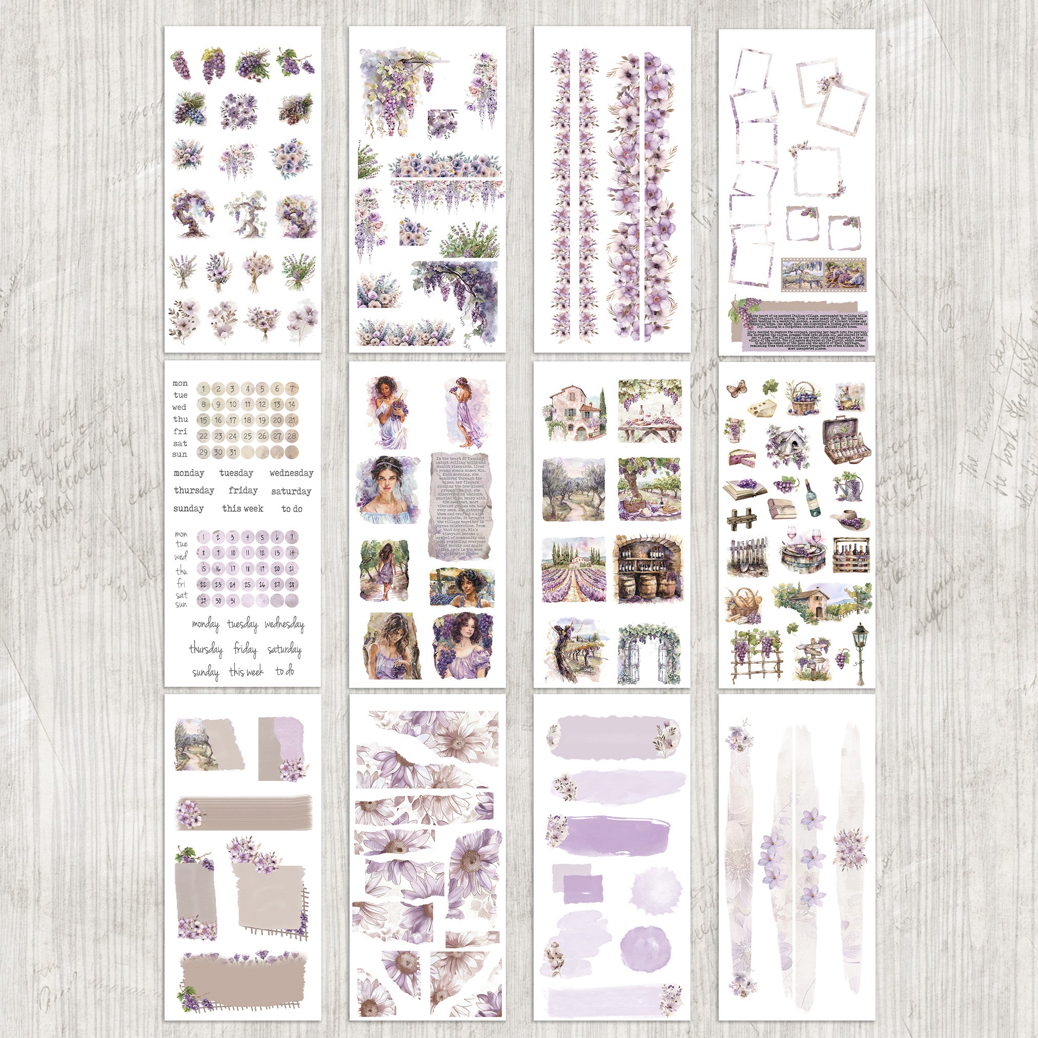 Decorative Journaling Bundle Collection - 12 Sheet Purple Lavender Sticker Kit