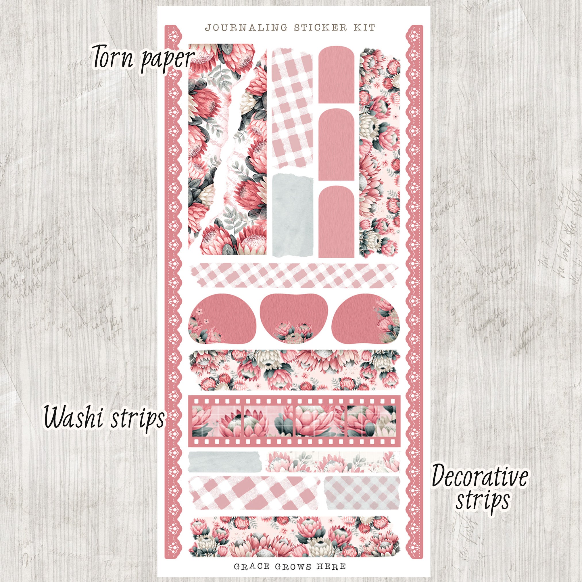 Daily Journal Sticker Kit - Pink Protea Floral Decorative Planner Stickers