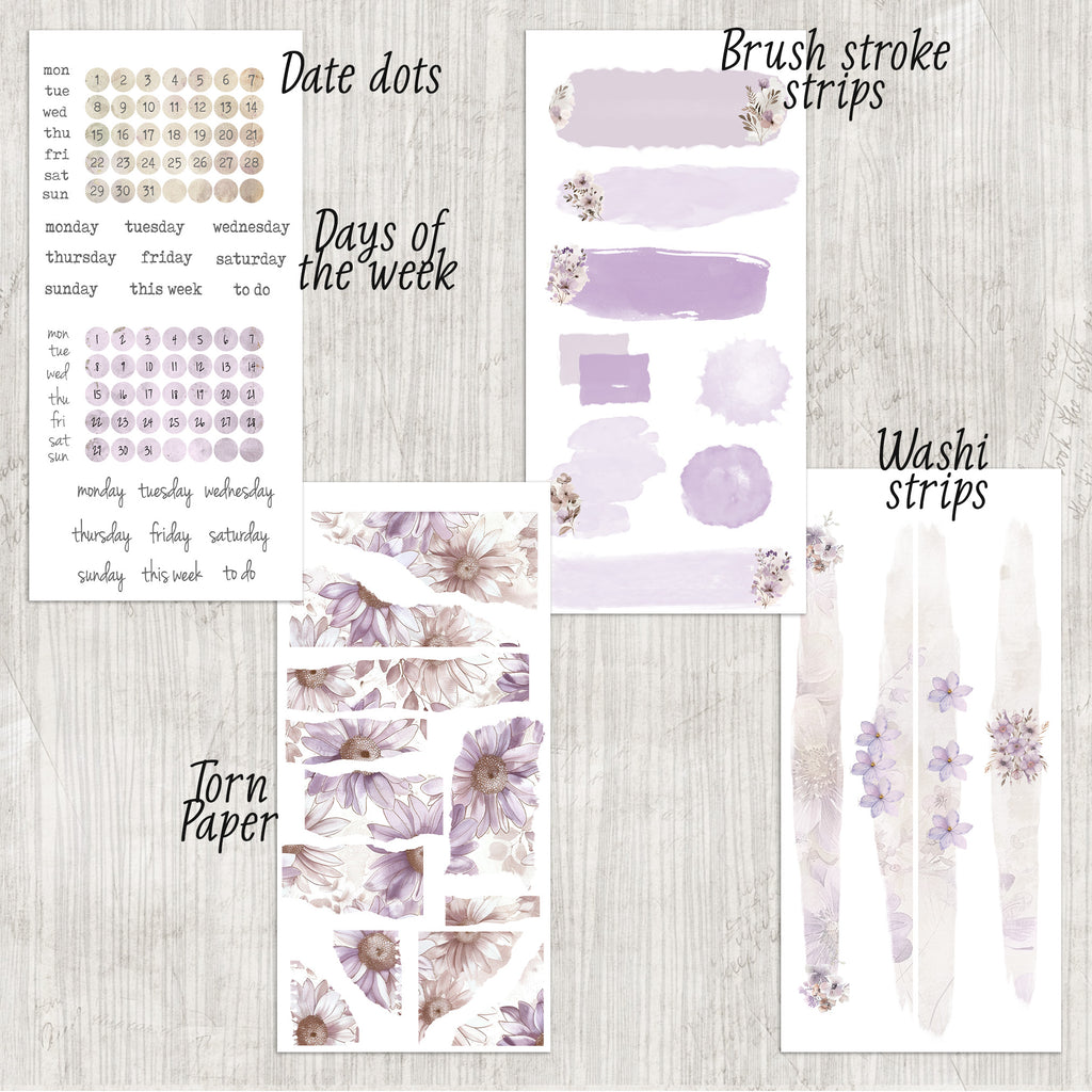 Decorative Journaling Bundle Collection - 12 Sheet Purple Lavender Sticker Kit