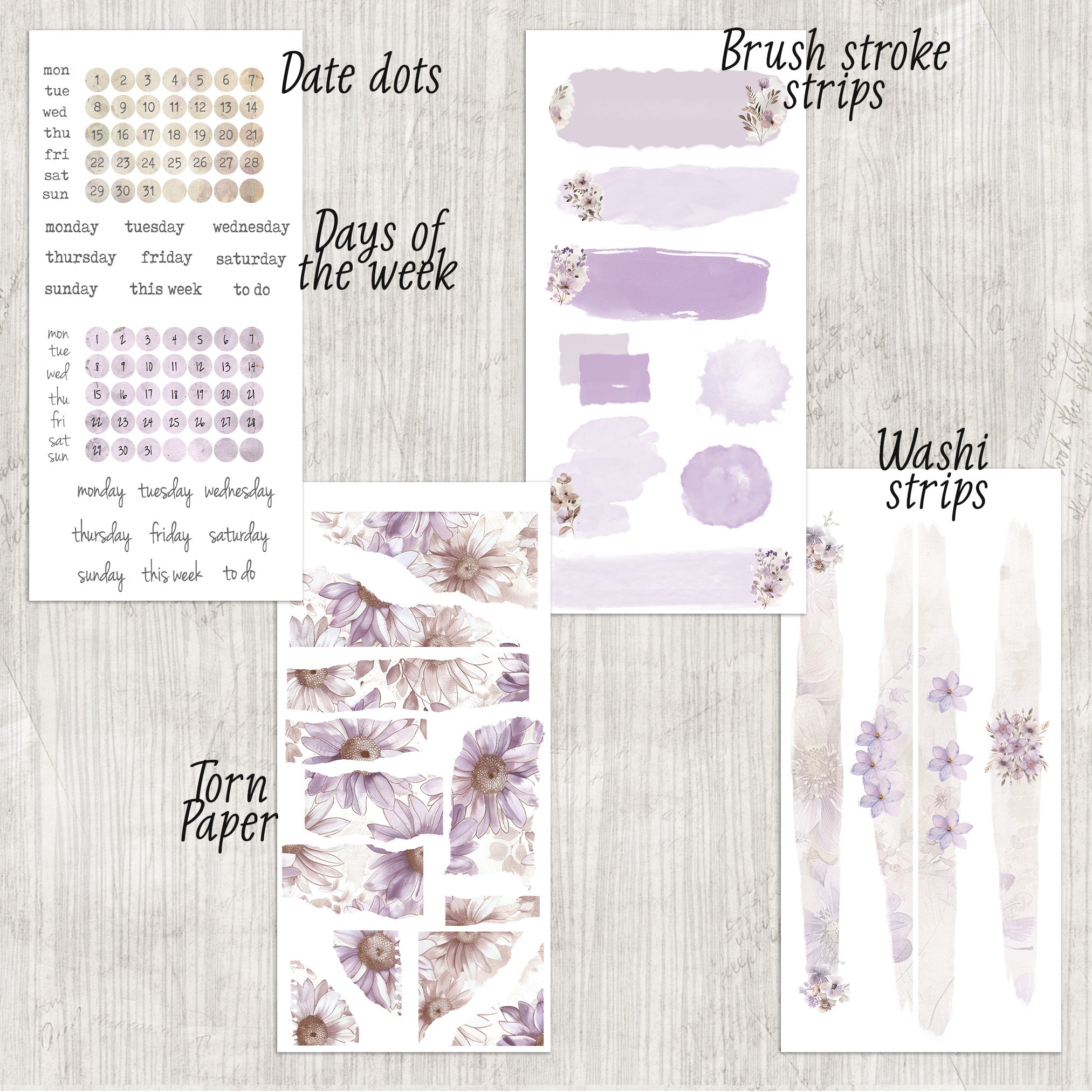 Decorative Journaling Bundle Collection - 12 Sheet Purple Lavender Sticker Kit