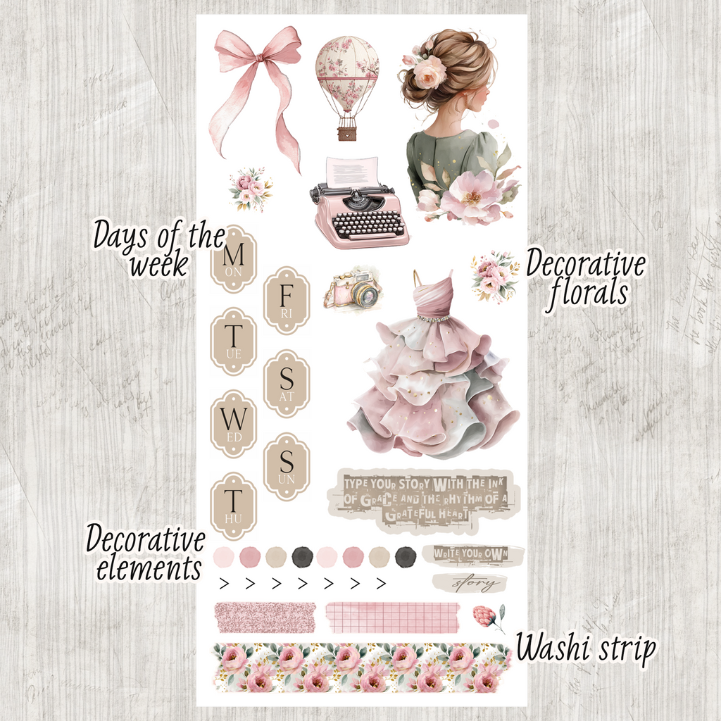 Daily Journaling Sticker Kit - Bloom with Grace Pink Floral Planner Stickers