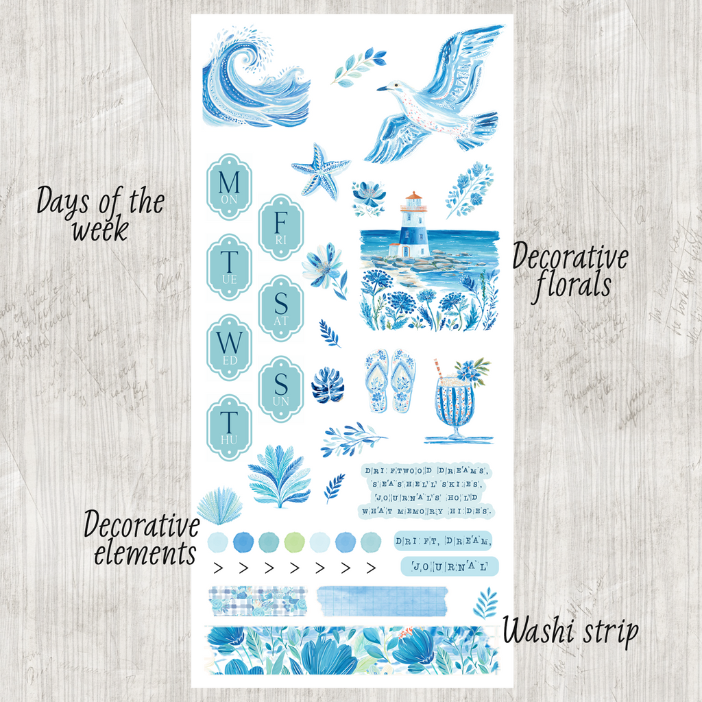 Daily Journaling Sticker Kit - Ocean Coastal Blue Planner Stickers