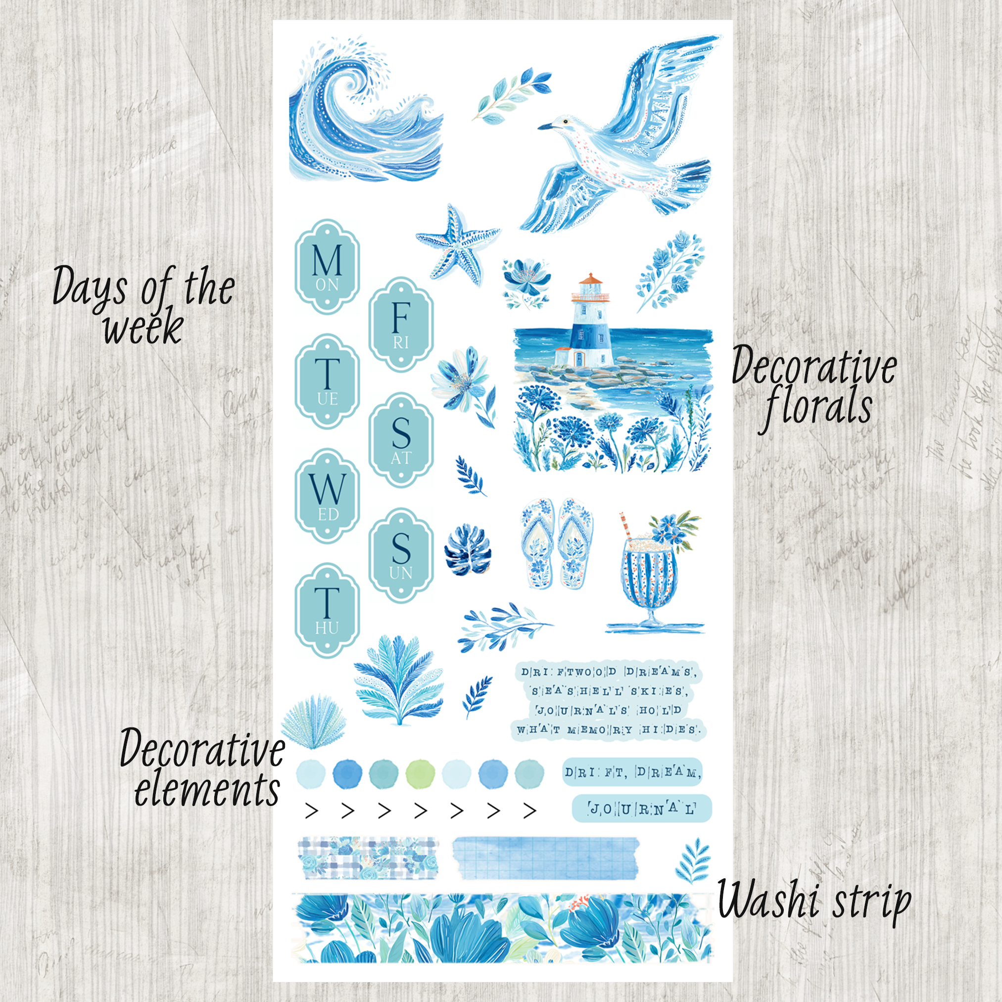 Daily Journaling Sticker Kit - Ocean Coastal Blue Planner Stickers