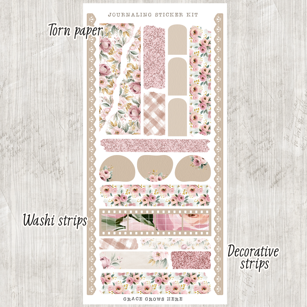 Daily Journaling Sticker Kit - Bloom with Grace Pink Floral Planner Stickers