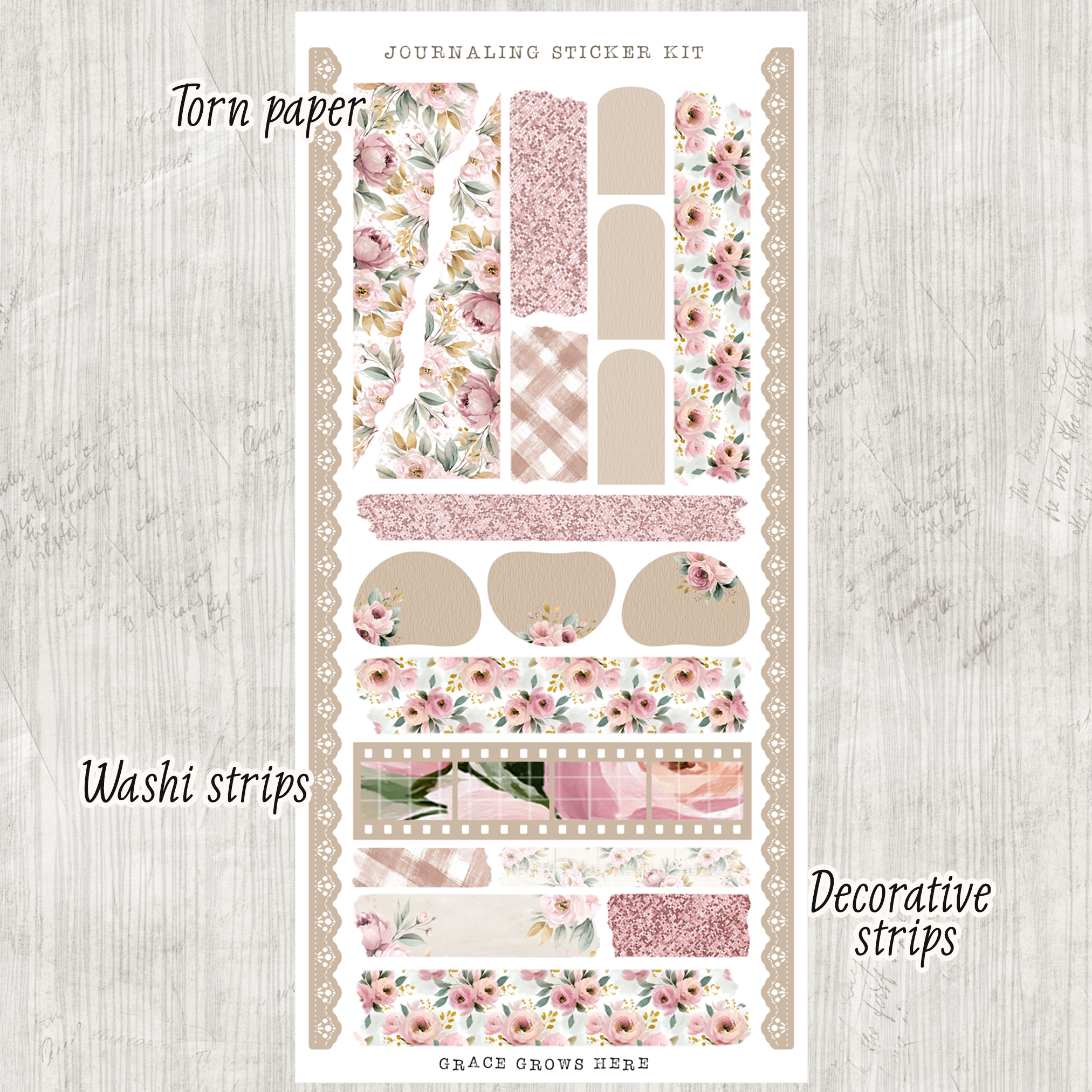 Daily Journaling Sticker Kit - Bloom with Grace Pink Floral Planner Stickers