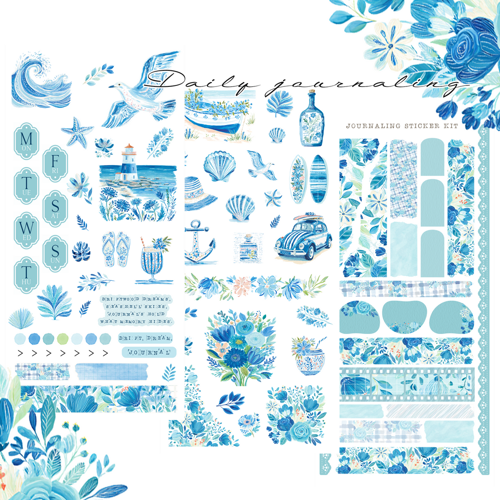 Daily Journaling Sticker Kit - Ocean Coastal Blue Planner Stickers