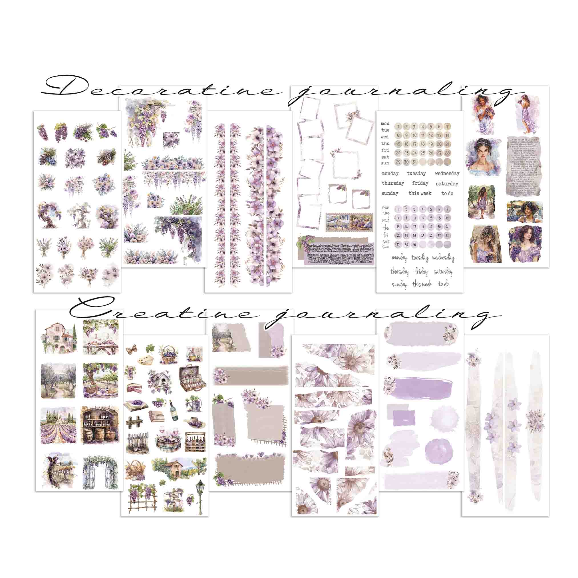Decorative Journaling Bundle Collection - 12 Sheet Purple Lavender Sticker Kit