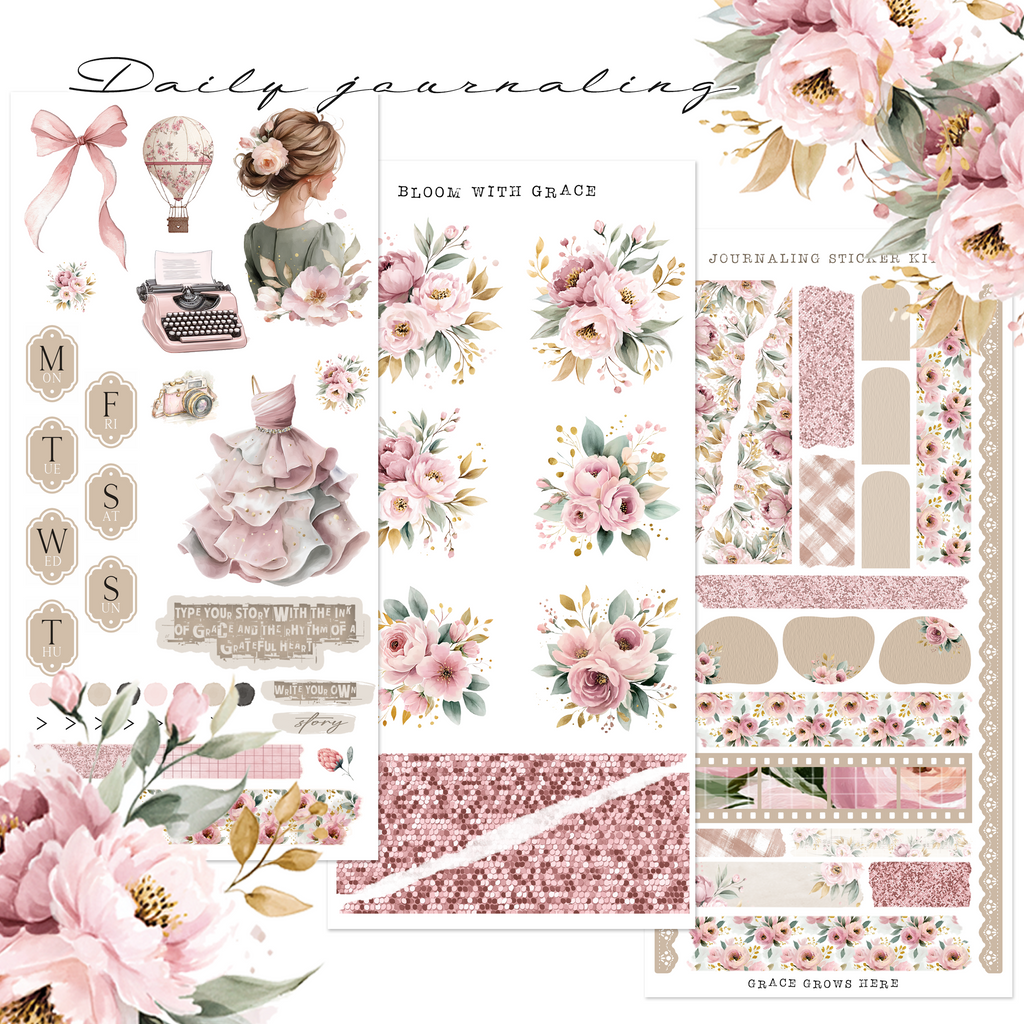 Daily Journaling Sticker Kit - Bloom with Grace Pink Floral Planner Stickers